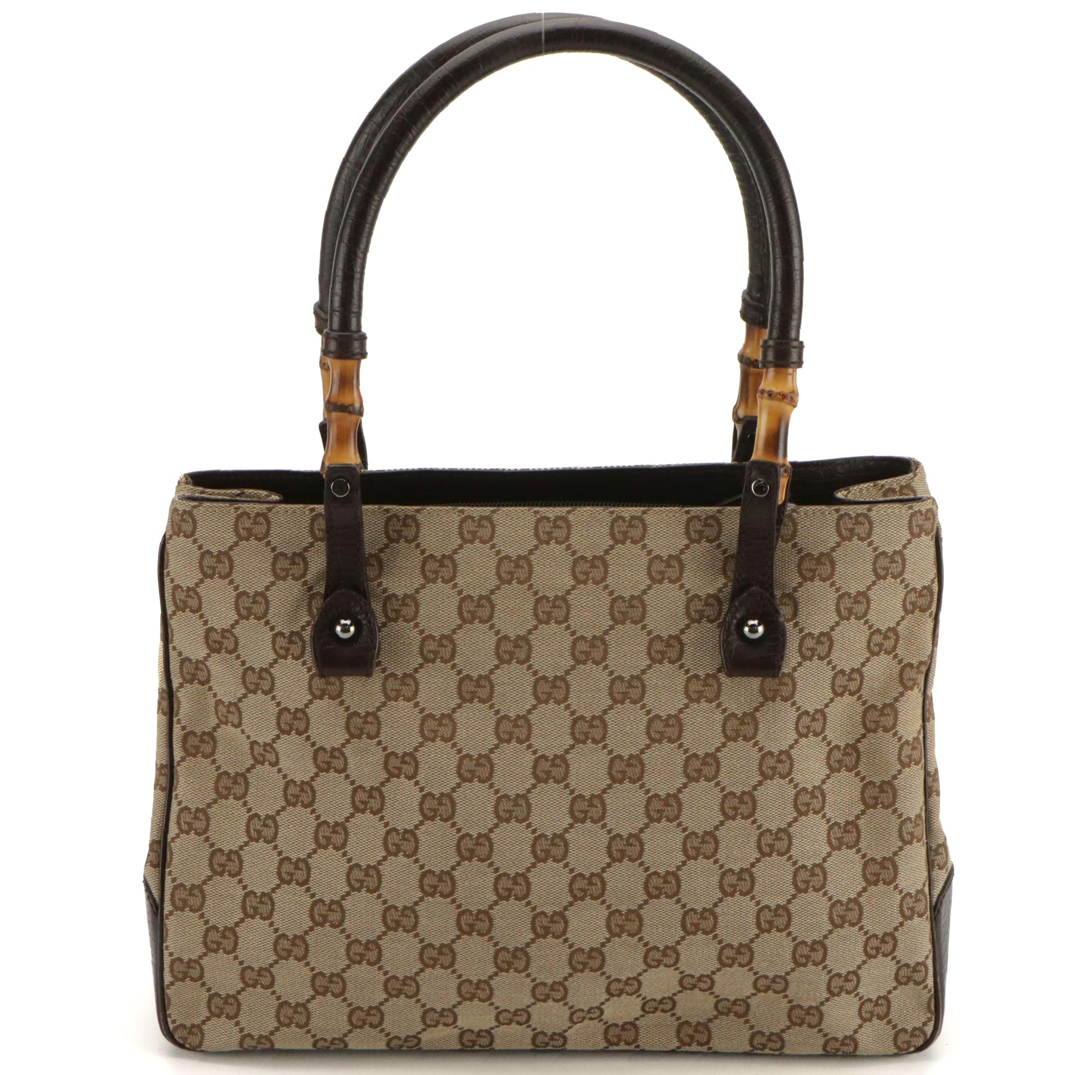 Gucci Bamboo GG Canvas and Textured Leather Tote