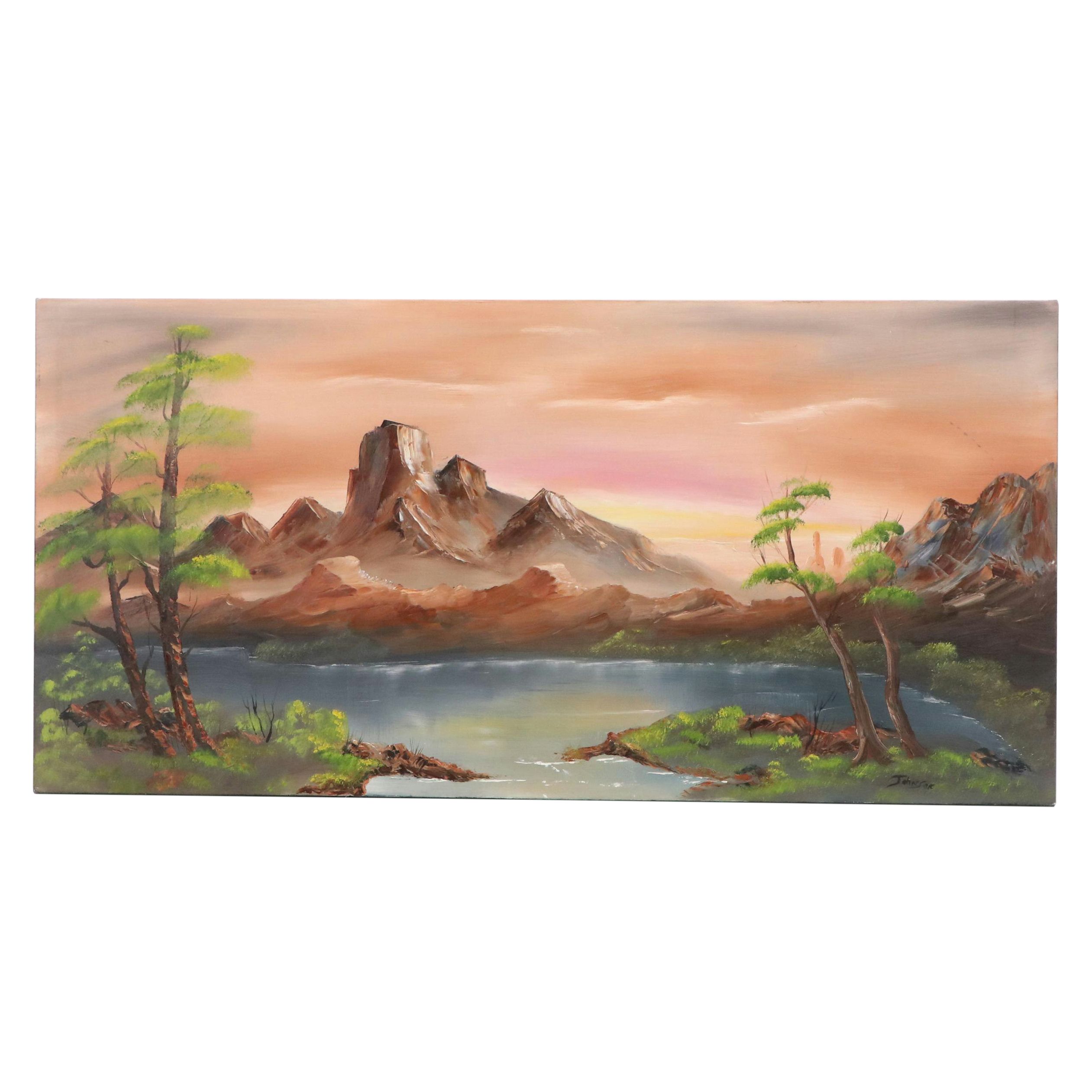 Mountain Lake Landscape Oil Painting, Late 20th Century