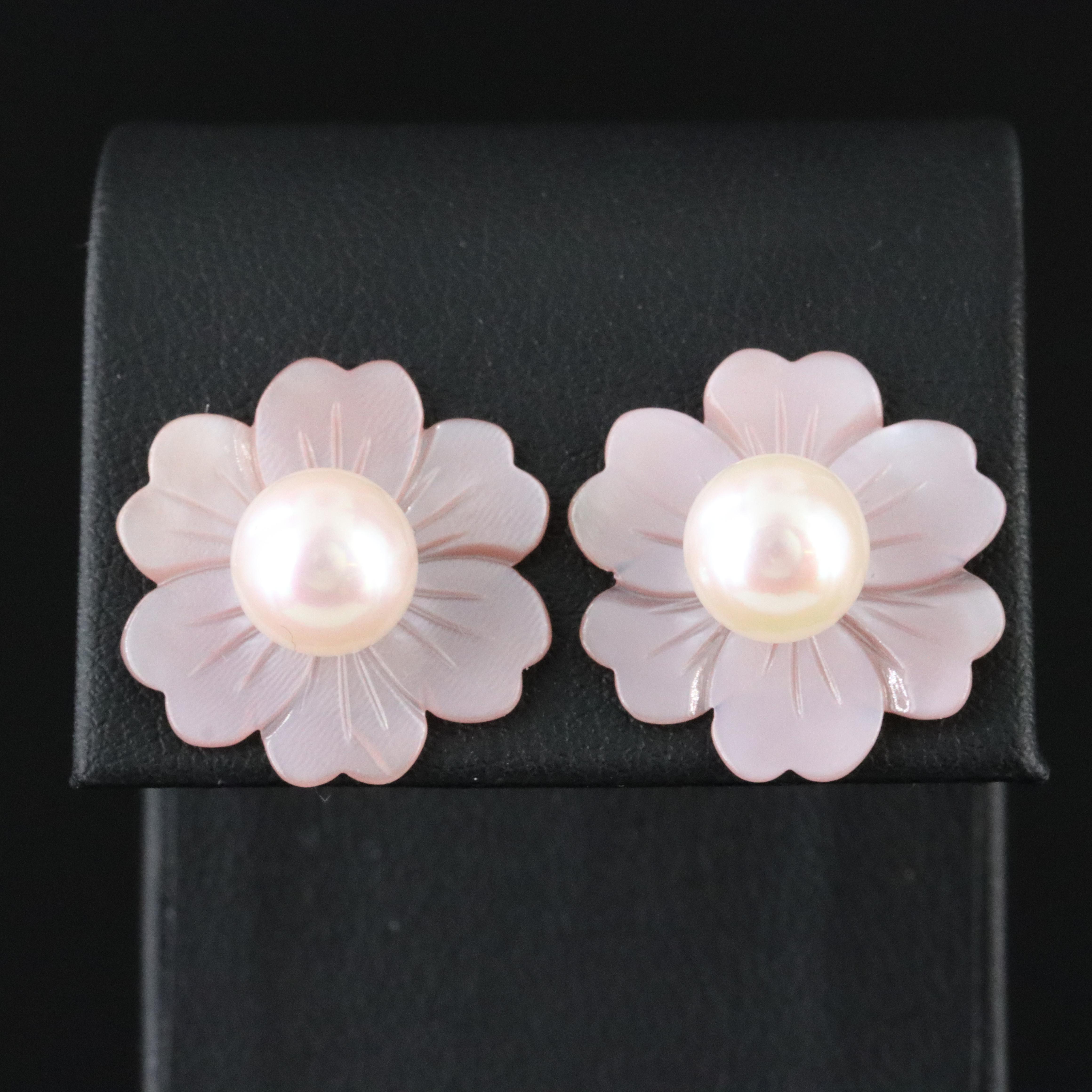 18K Pearl Stud Earrings with Carved Mother-of-Pearl Enhancers