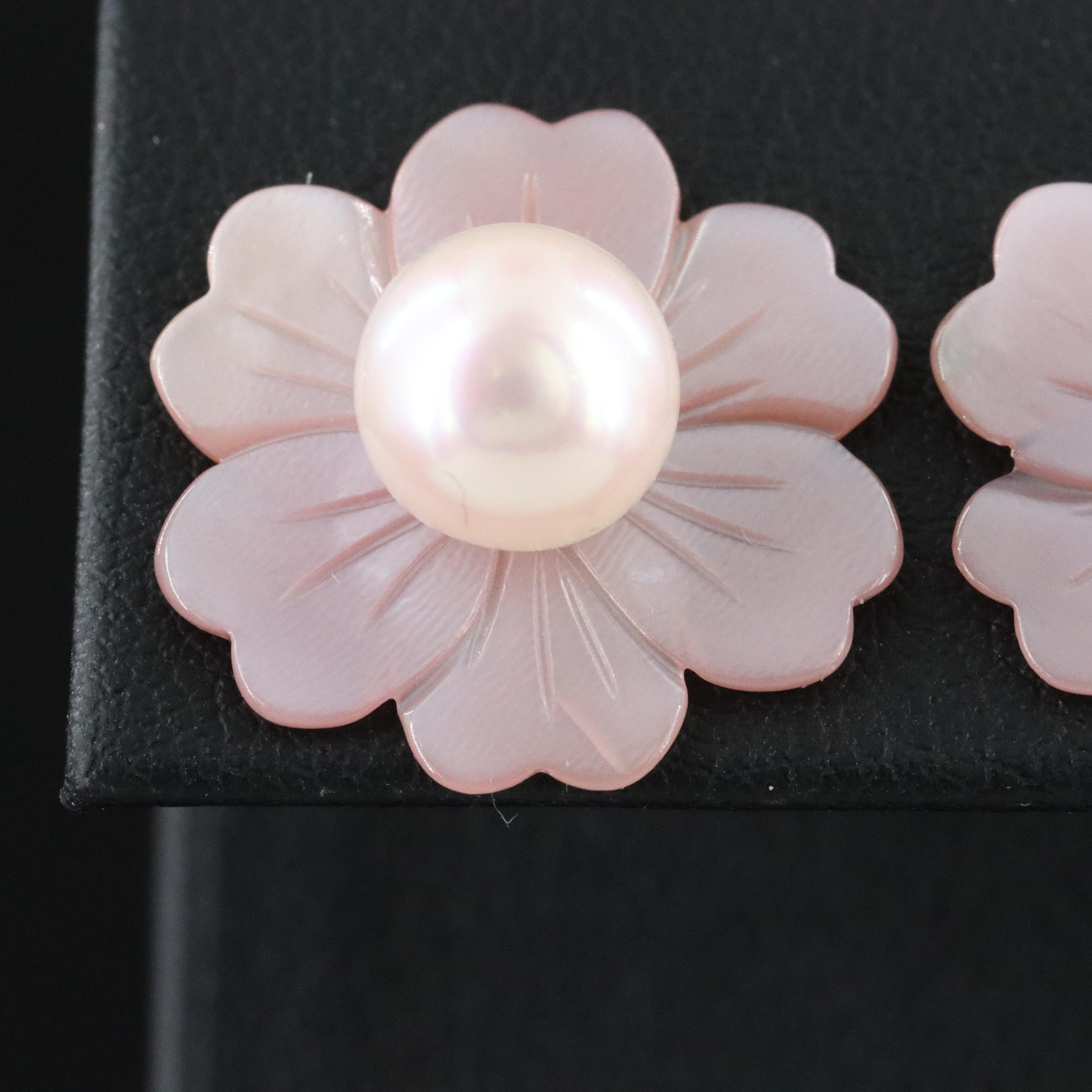 18K Pearl Stud Earrings with Carved Mother-of-Pearl Enhancers
