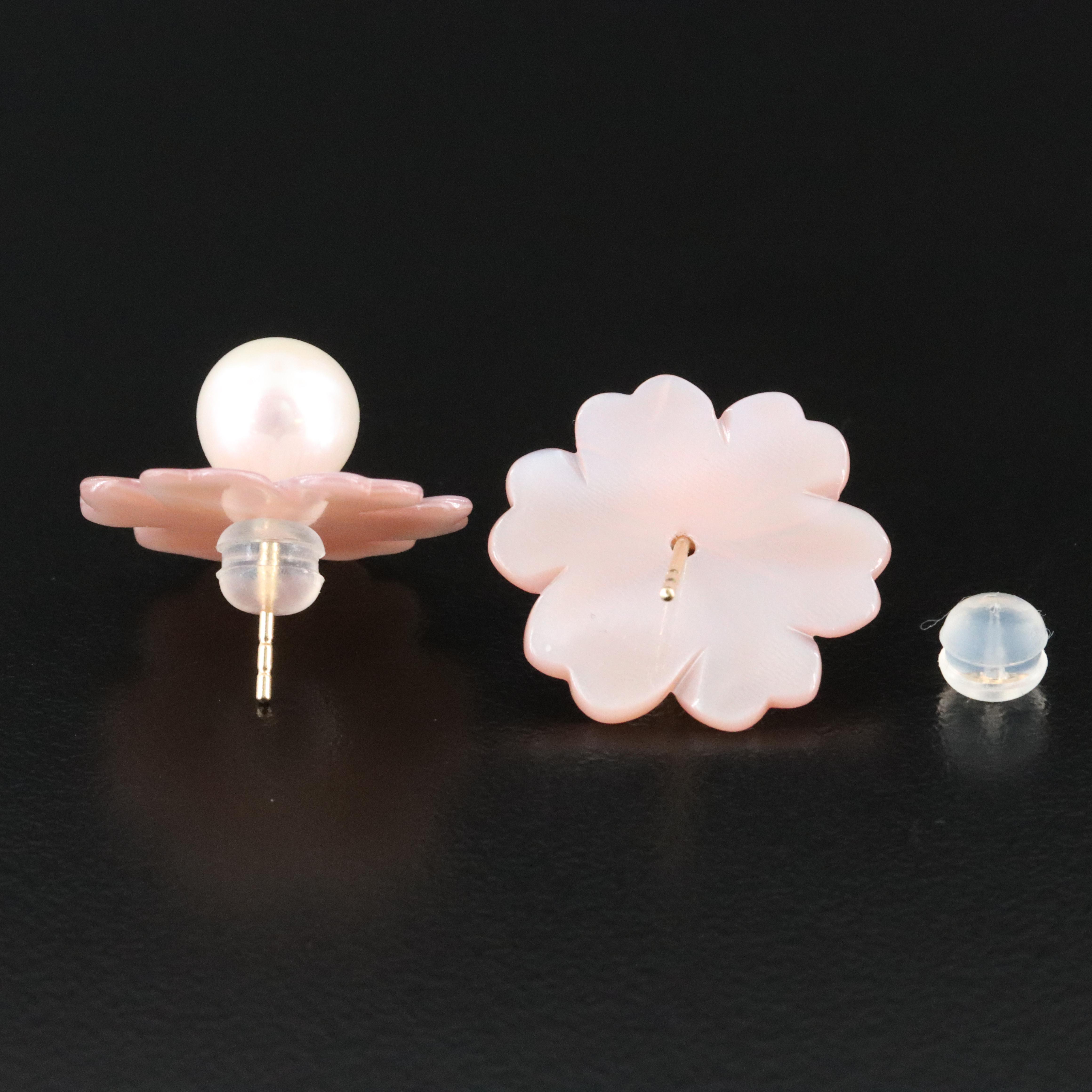 18K Pearl Stud Earrings with Carved Mother-of-Pearl Enhancers