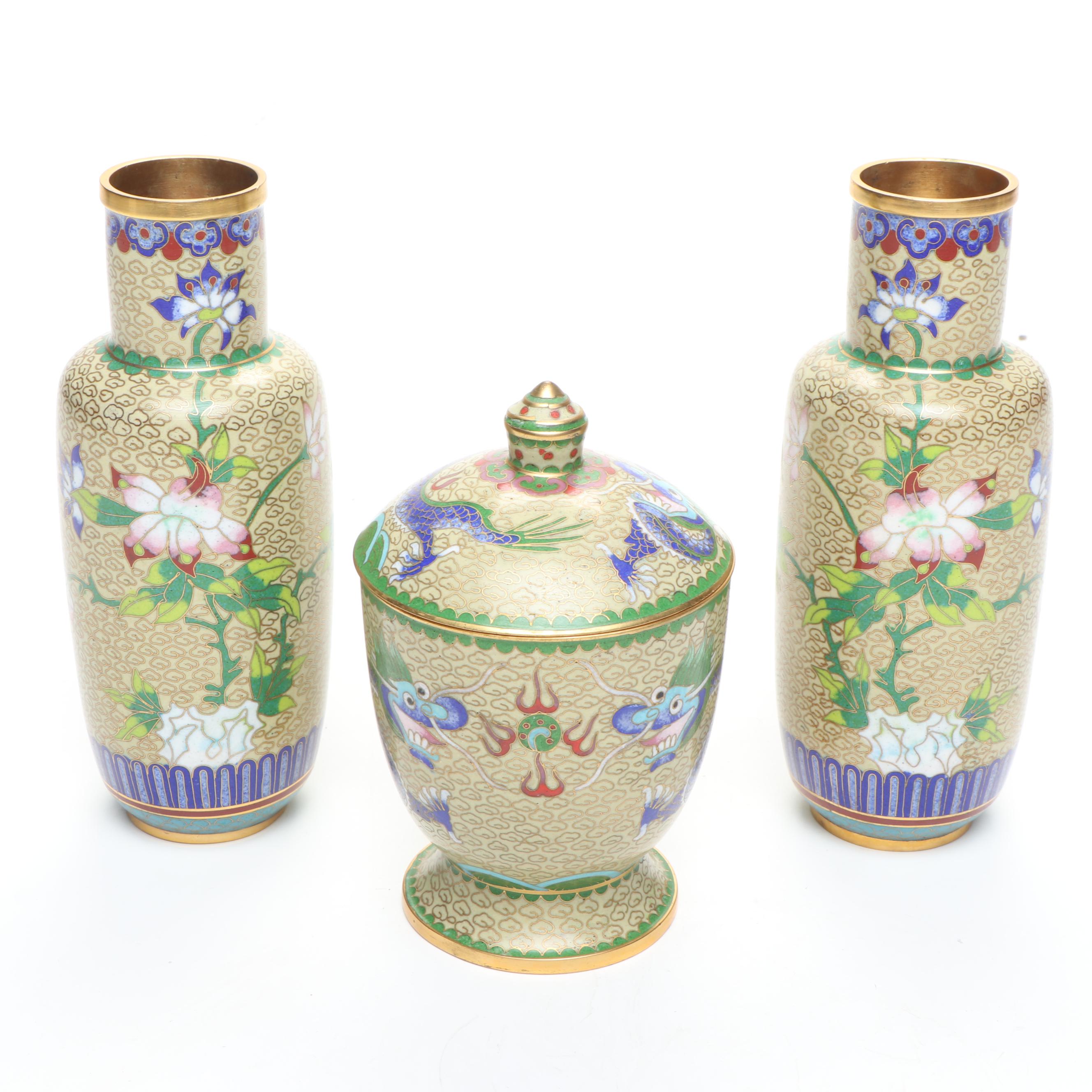 Chinese Yellow Dragon and Floral Cloisonné Vases with Lidded Urn