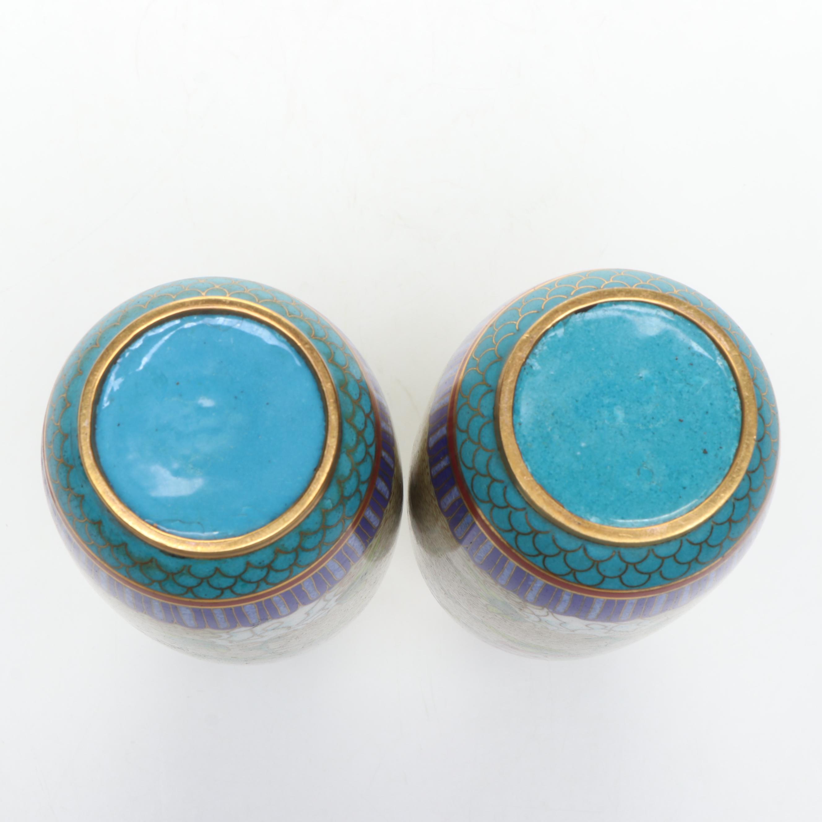 Chinese Yellow Dragon and Floral Cloisonné Vases with Lidded Urn