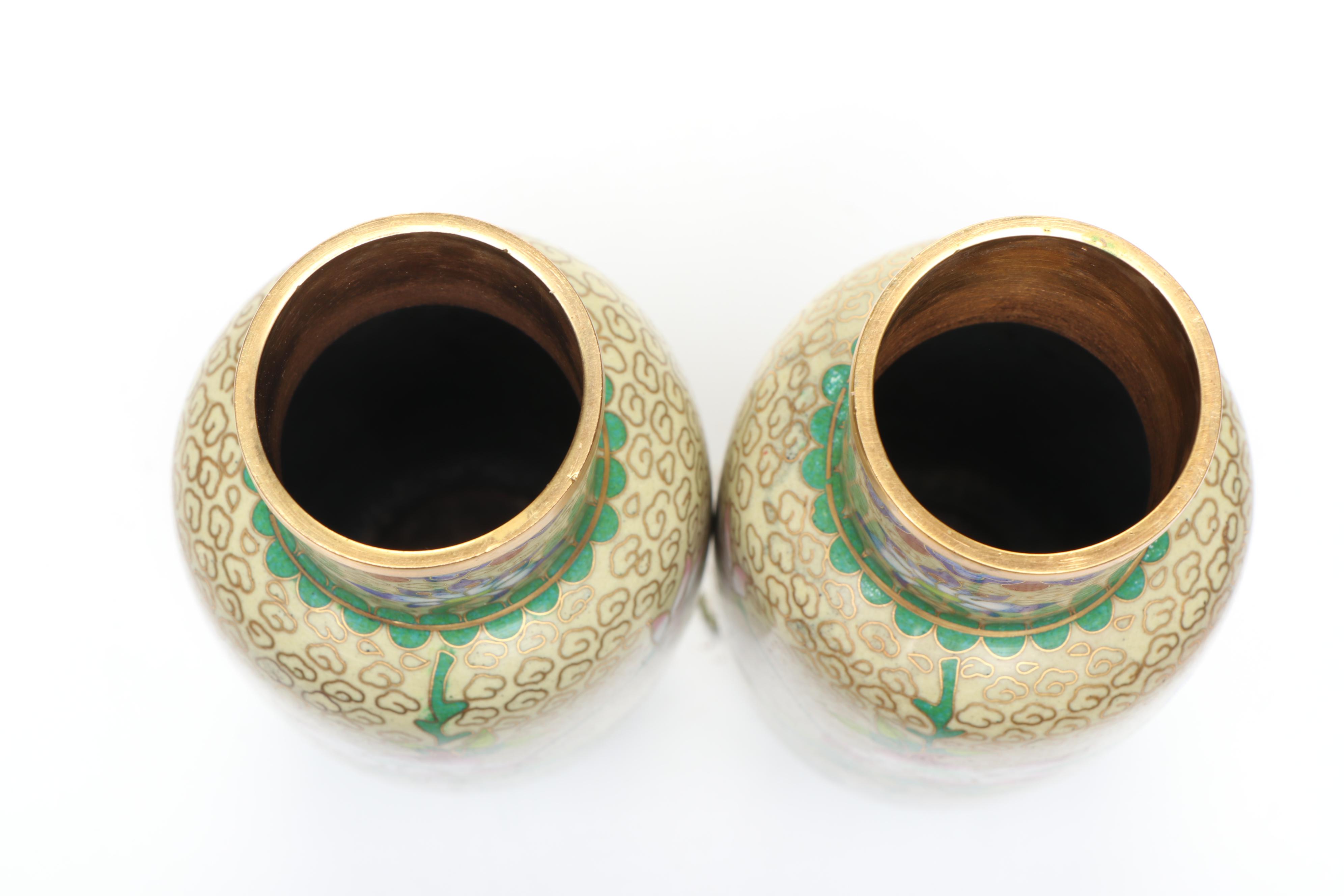 Chinese Yellow Dragon and Floral Cloisonné Vases with Lidded Urn