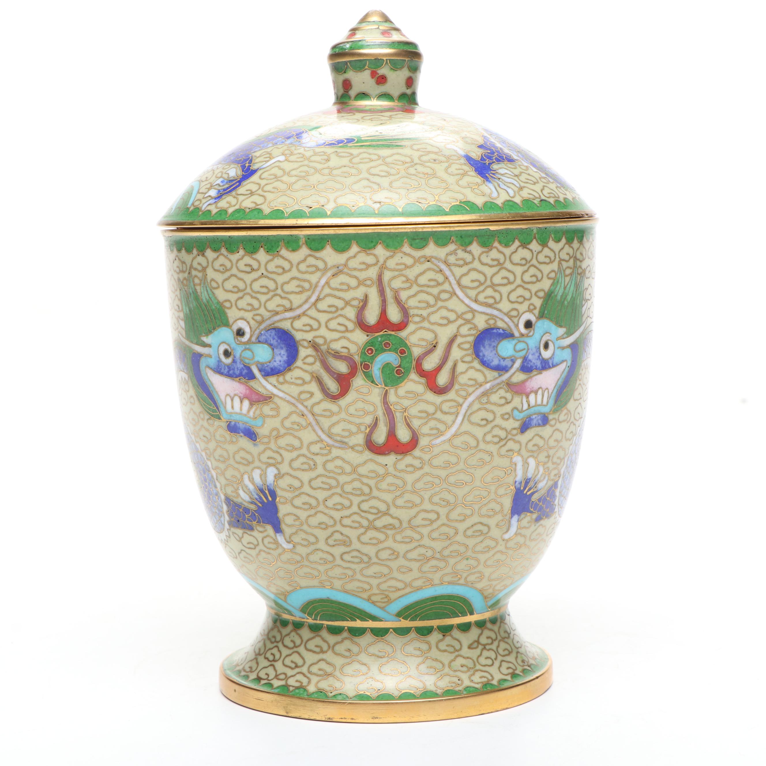 Chinese Yellow Dragon and Floral Cloisonné Vases with Lidded Urn
