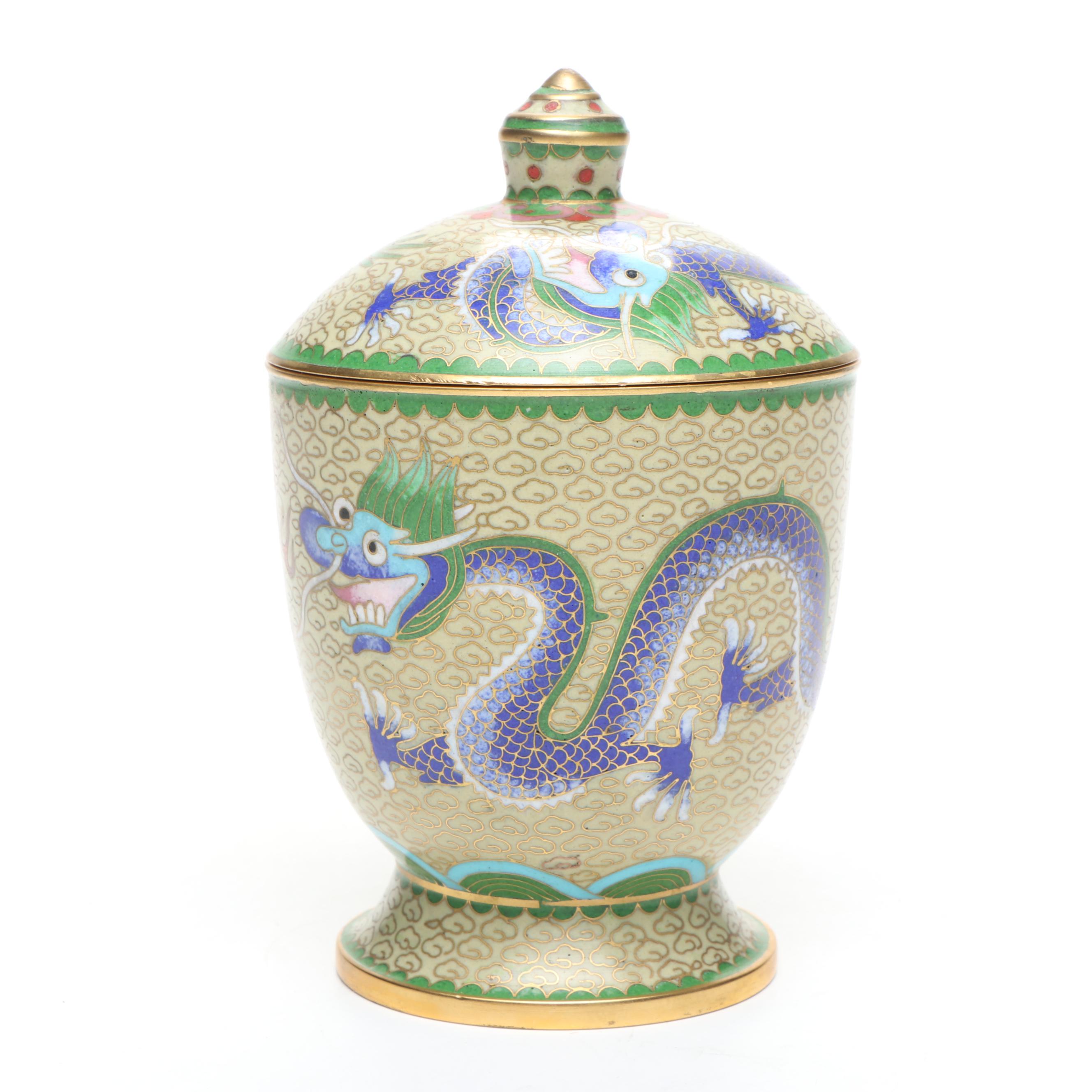 Chinese Yellow Dragon and Floral Cloisonné Vases with Lidded Urn