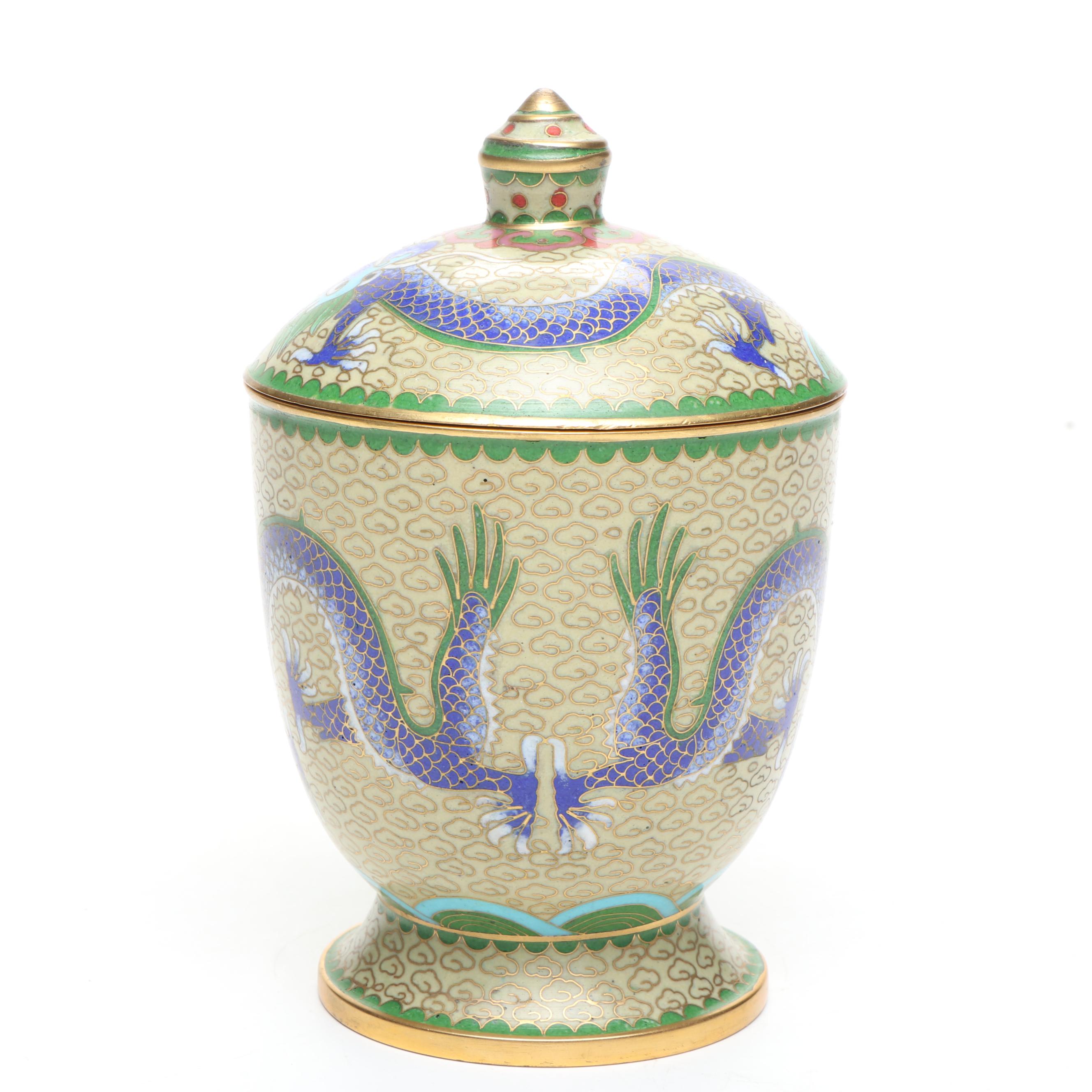 Chinese Yellow Dragon and Floral Cloisonné Vases with Lidded Urn