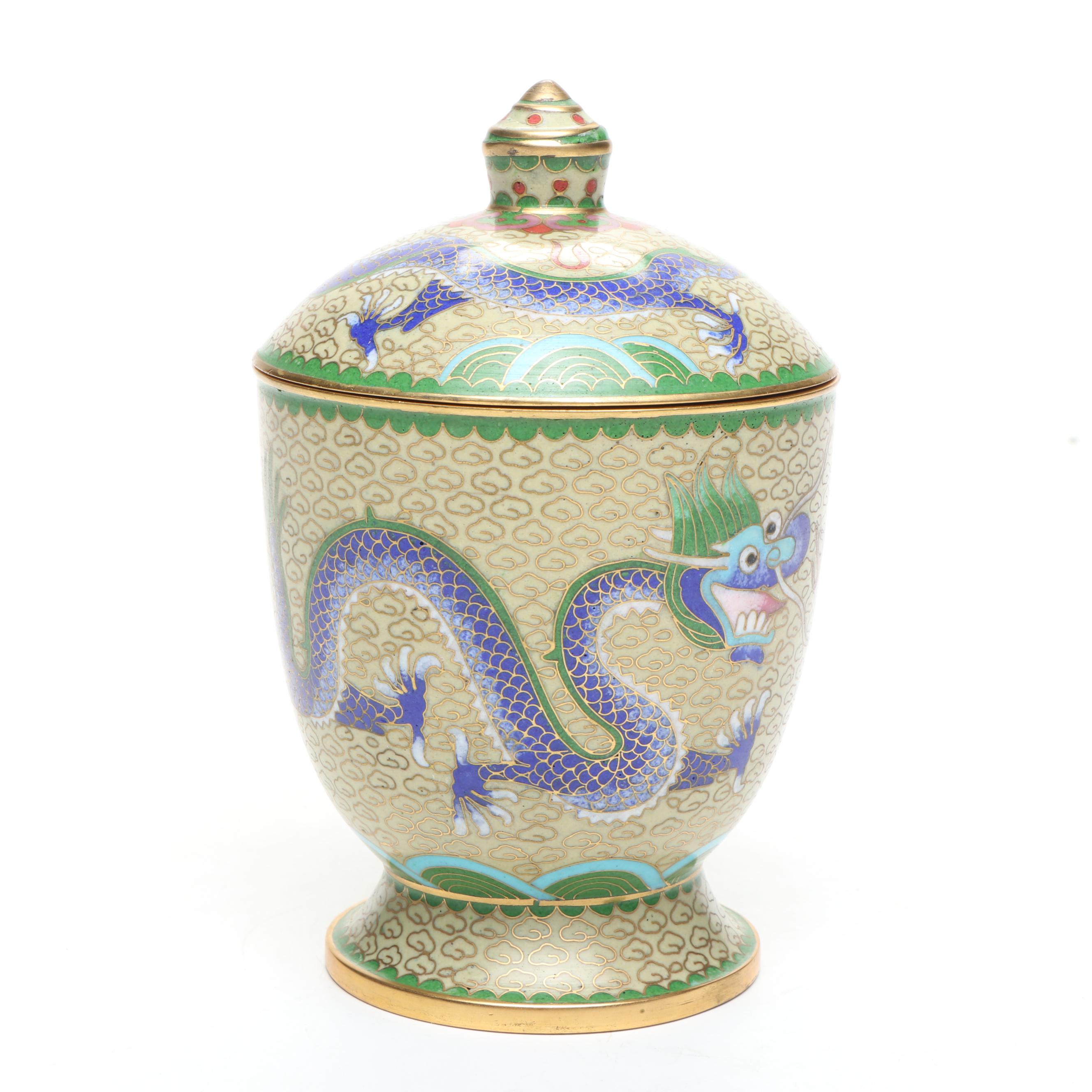 Chinese Yellow Dragon and Floral Cloisonné Vases with Lidded Urn