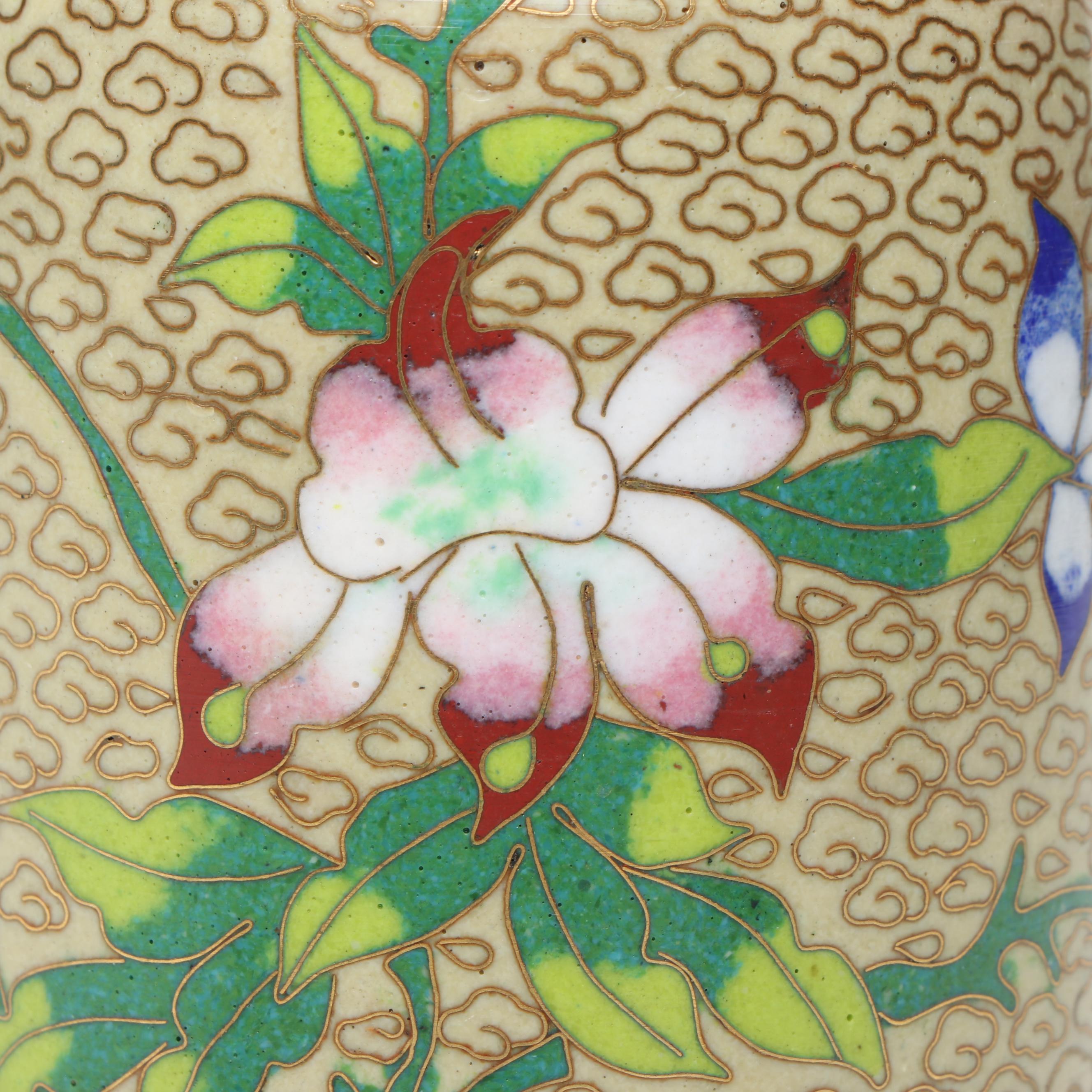 Chinese Yellow Dragon and Floral Cloisonné Vases with Lidded Urn