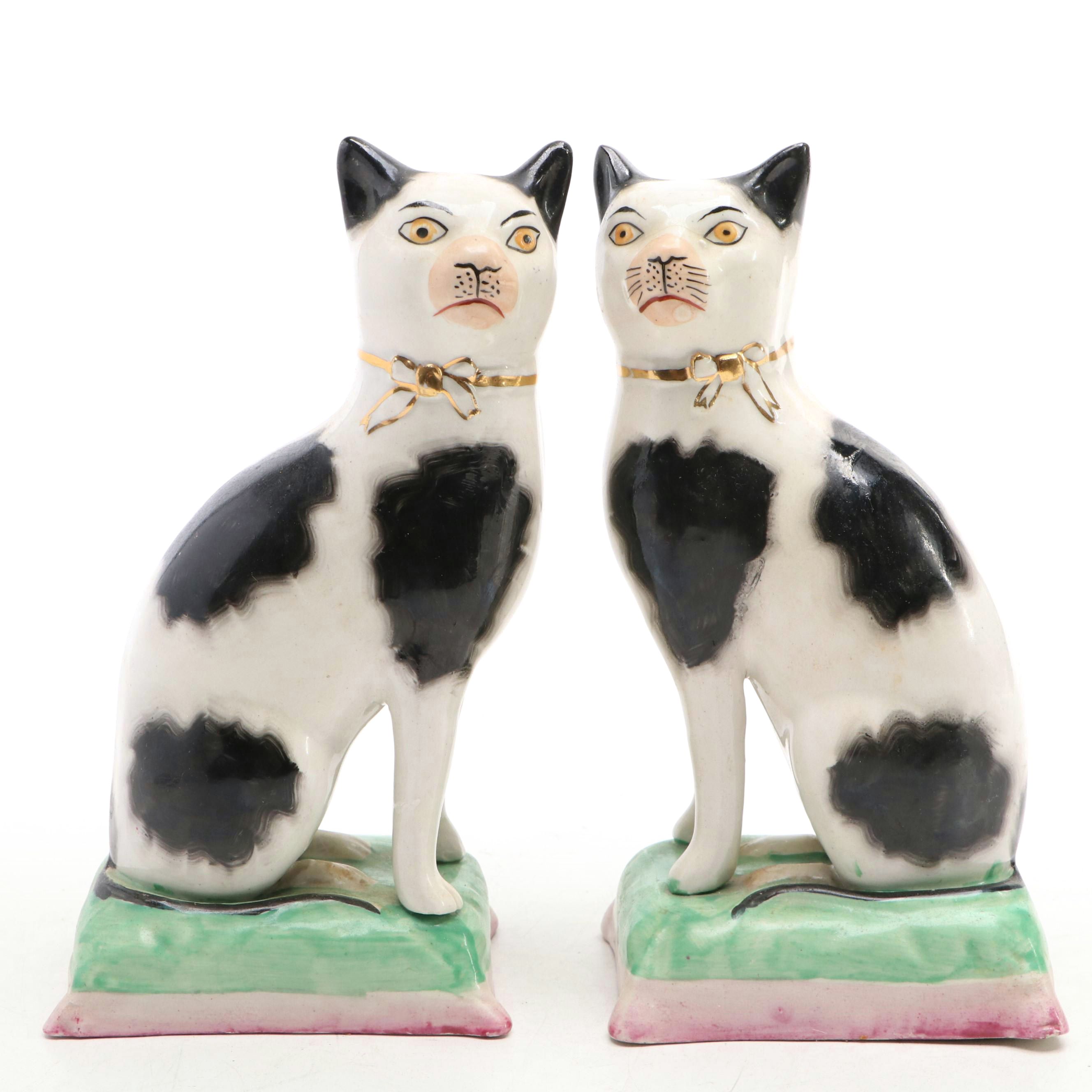 Pair of William Kent Staffordshire Spotted Cat Figurines on Pillows