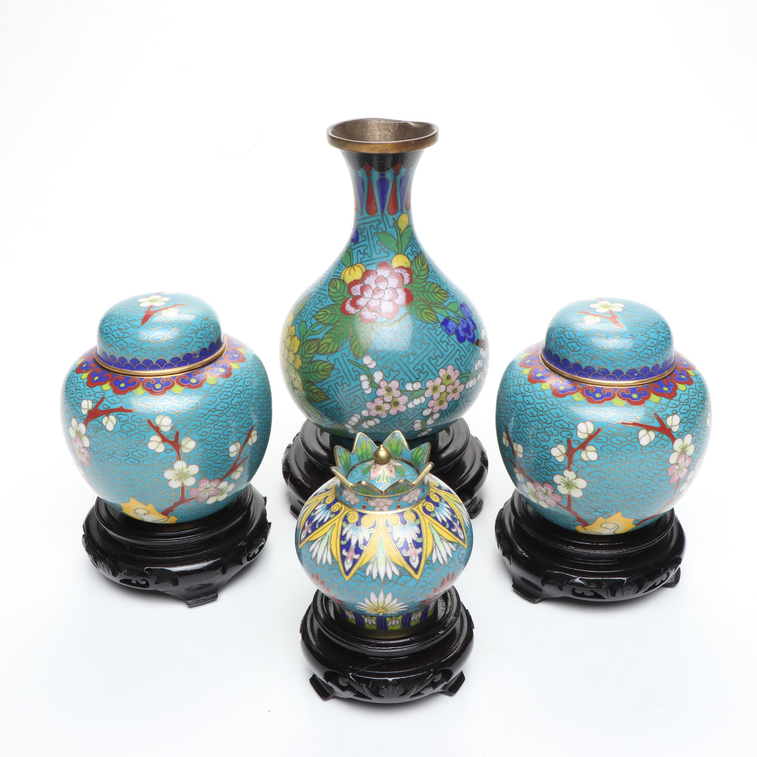 Chinese Blue Floral Cloisonné Vase and Lidded Vessels on Wood bases