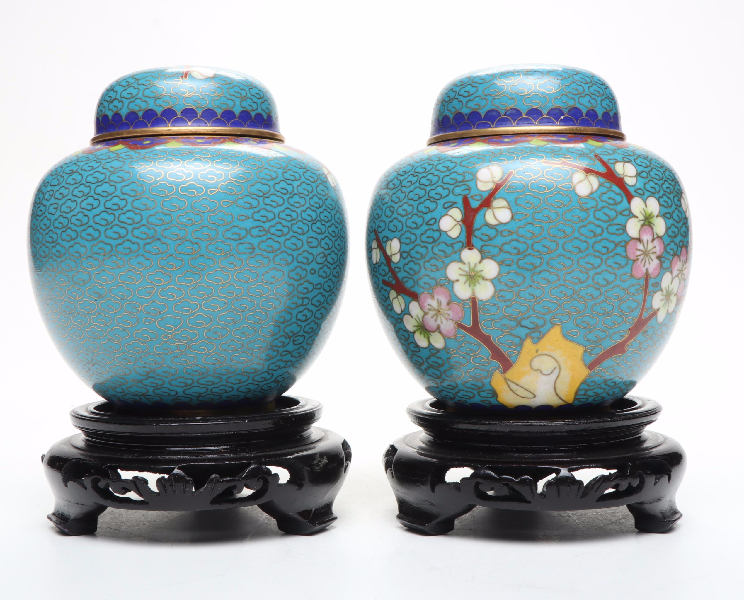 Chinese Blue Floral Cloisonné Vase and Lidded Vessels on Wood bases