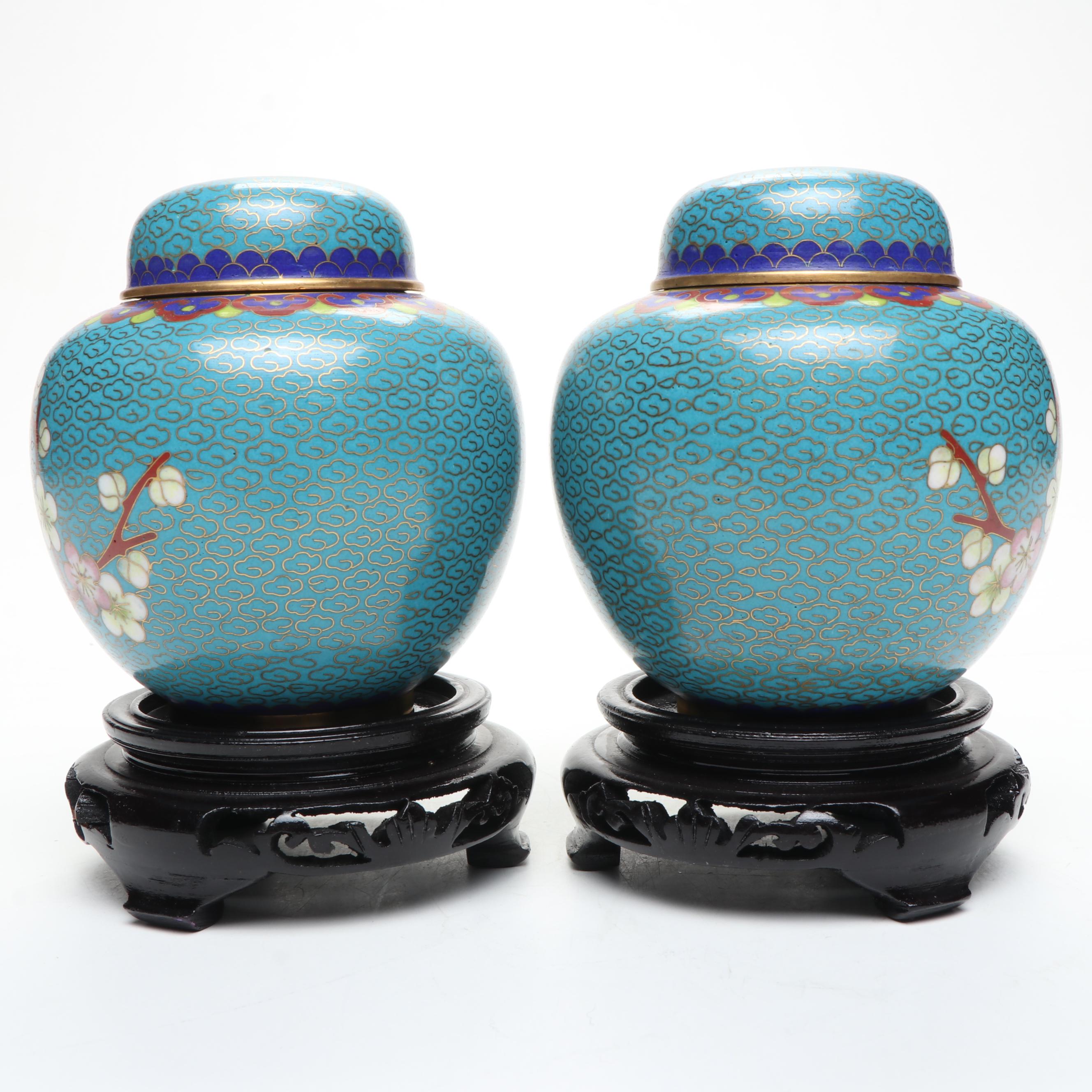 Chinese Blue Floral Cloisonné Vase and Lidded Vessels on Wood bases