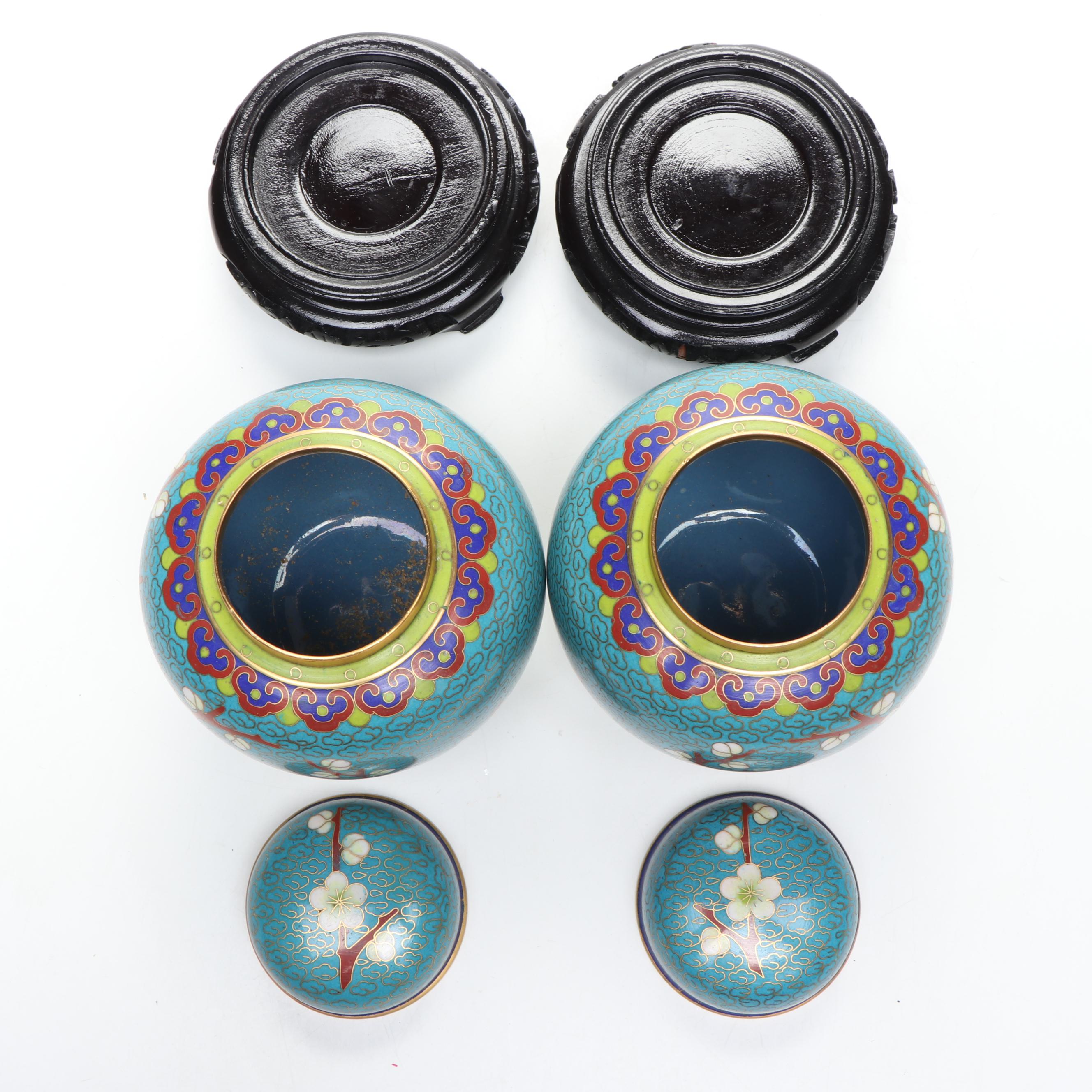 Chinese Blue Floral Cloisonné Vase and Lidded Vessels on Wood bases