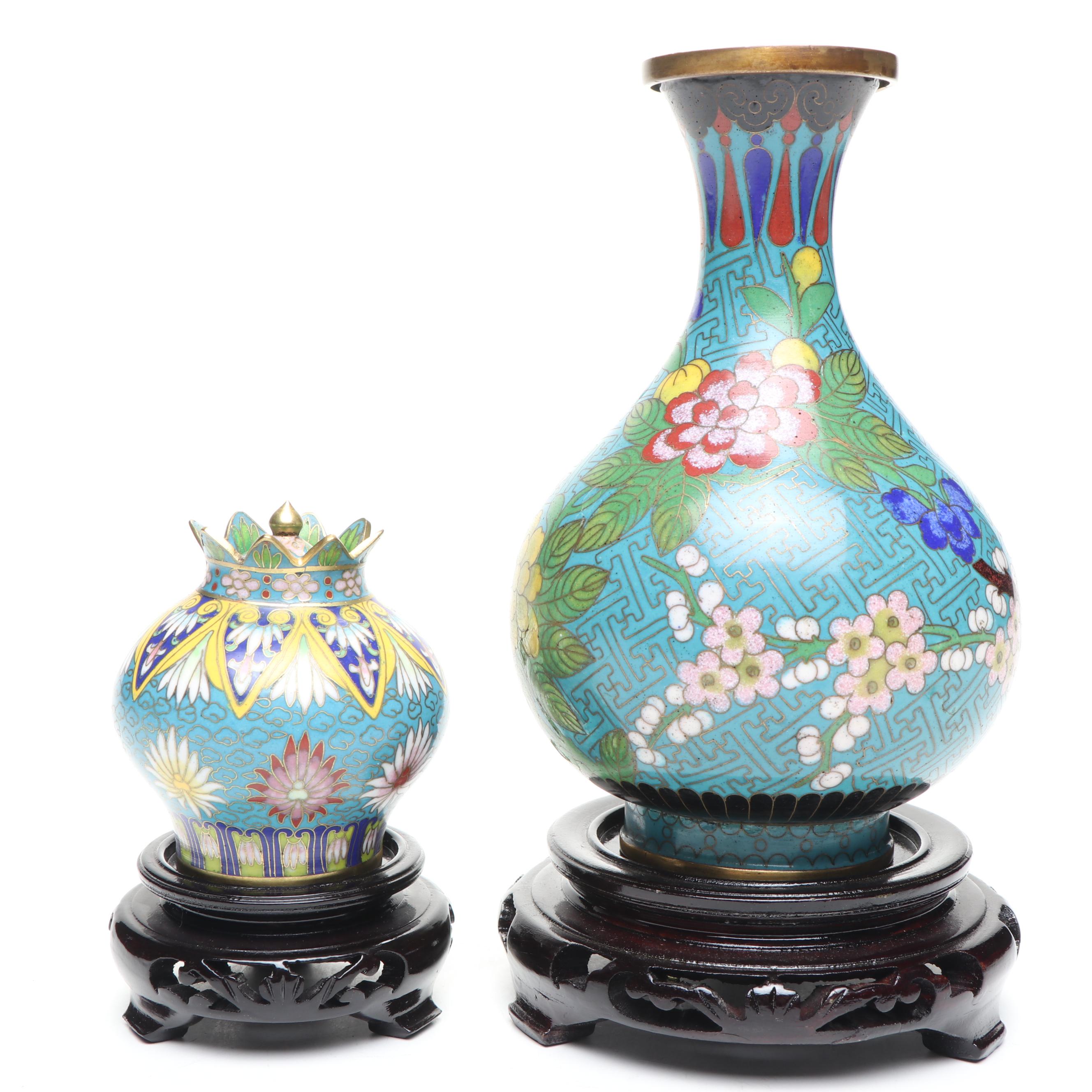 Chinese Blue Floral Cloisonné Vase and Lidded Vessels on Wood bases