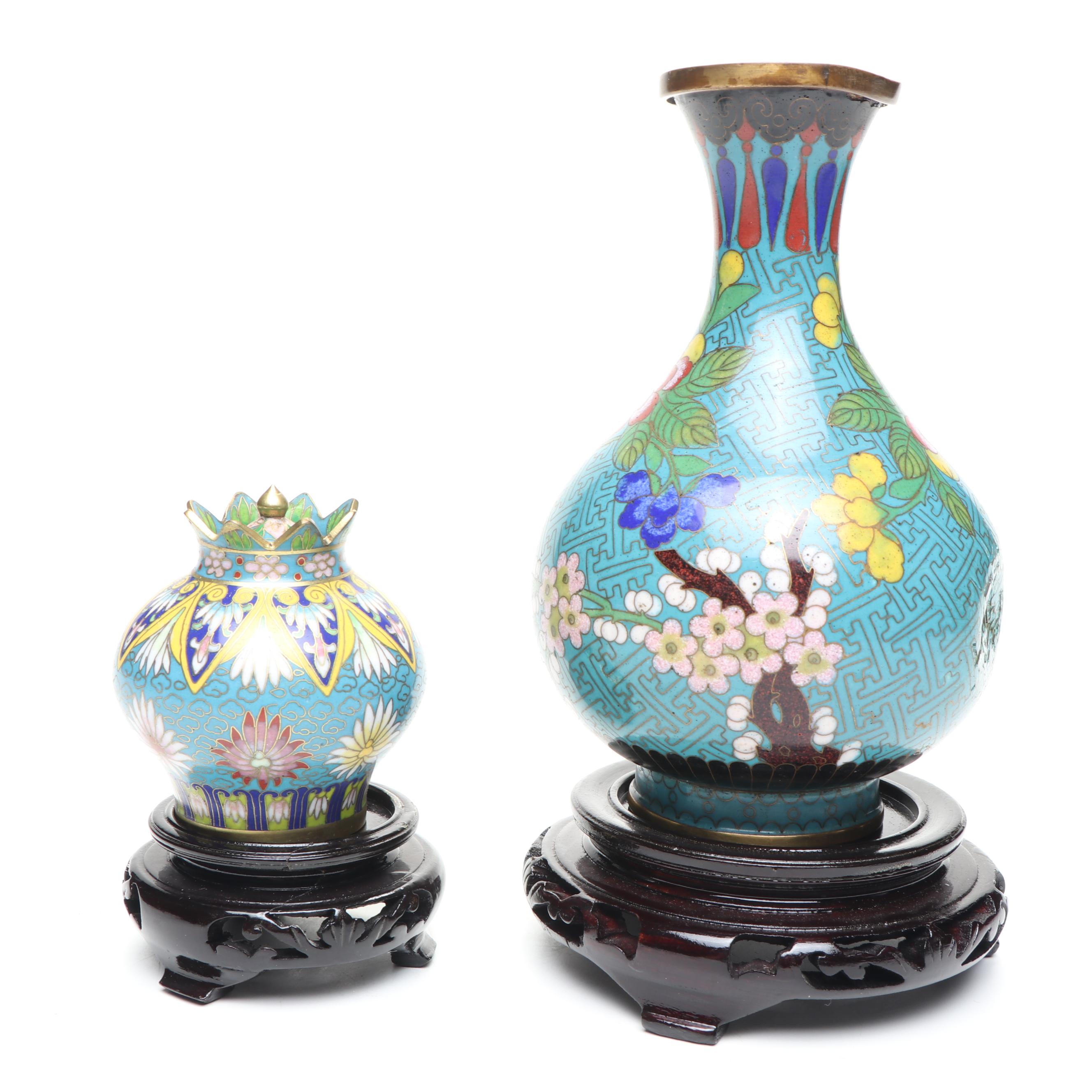 Chinese Blue Floral Cloisonné Vase and Lidded Vessels on Wood bases
