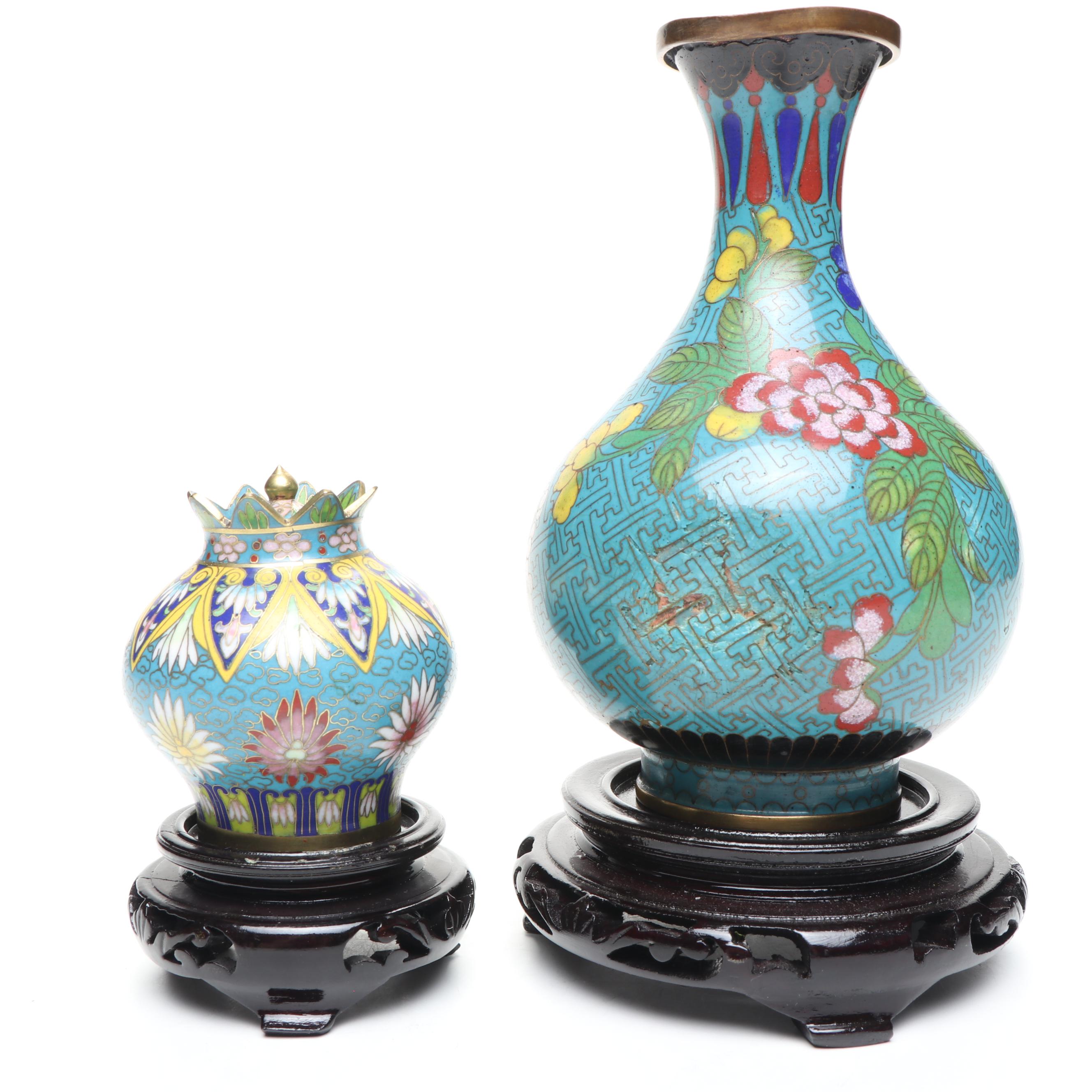 Chinese Blue Floral Cloisonné Vase and Lidded Vessels on Wood bases