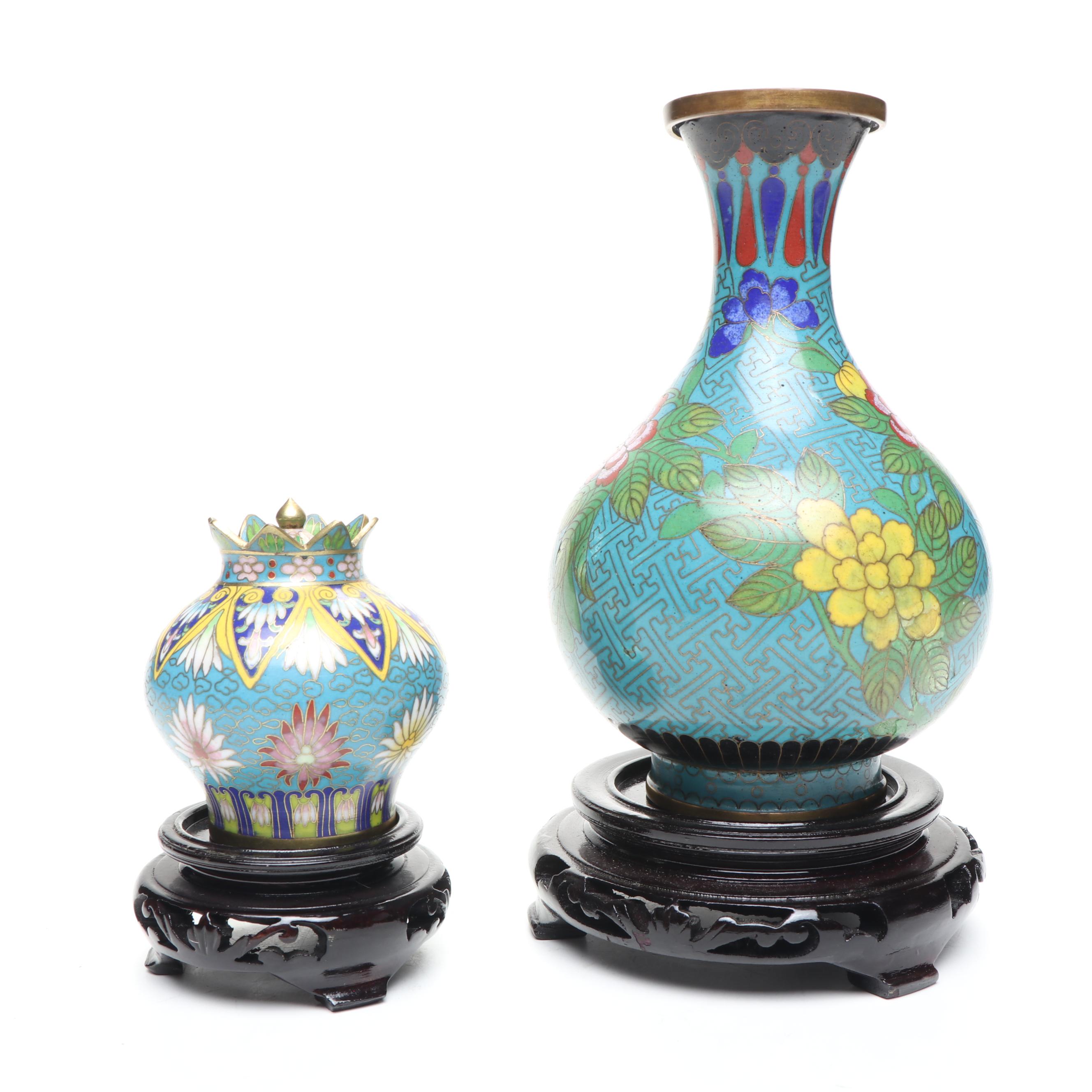 Chinese Blue Floral Cloisonné Vase and Lidded Vessels on Wood bases