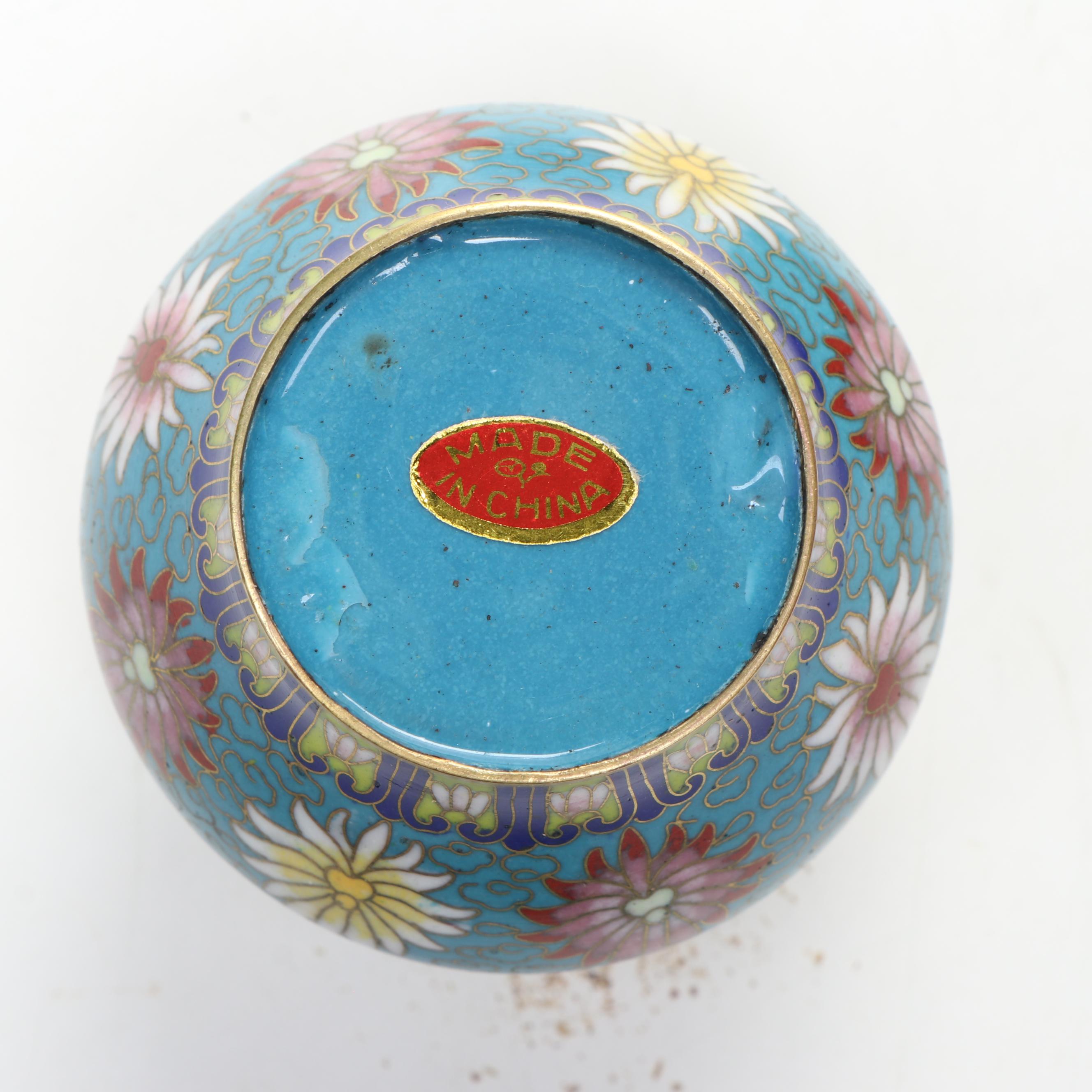 Chinese Blue Floral Cloisonné Vase and Lidded Vessels on Wood bases