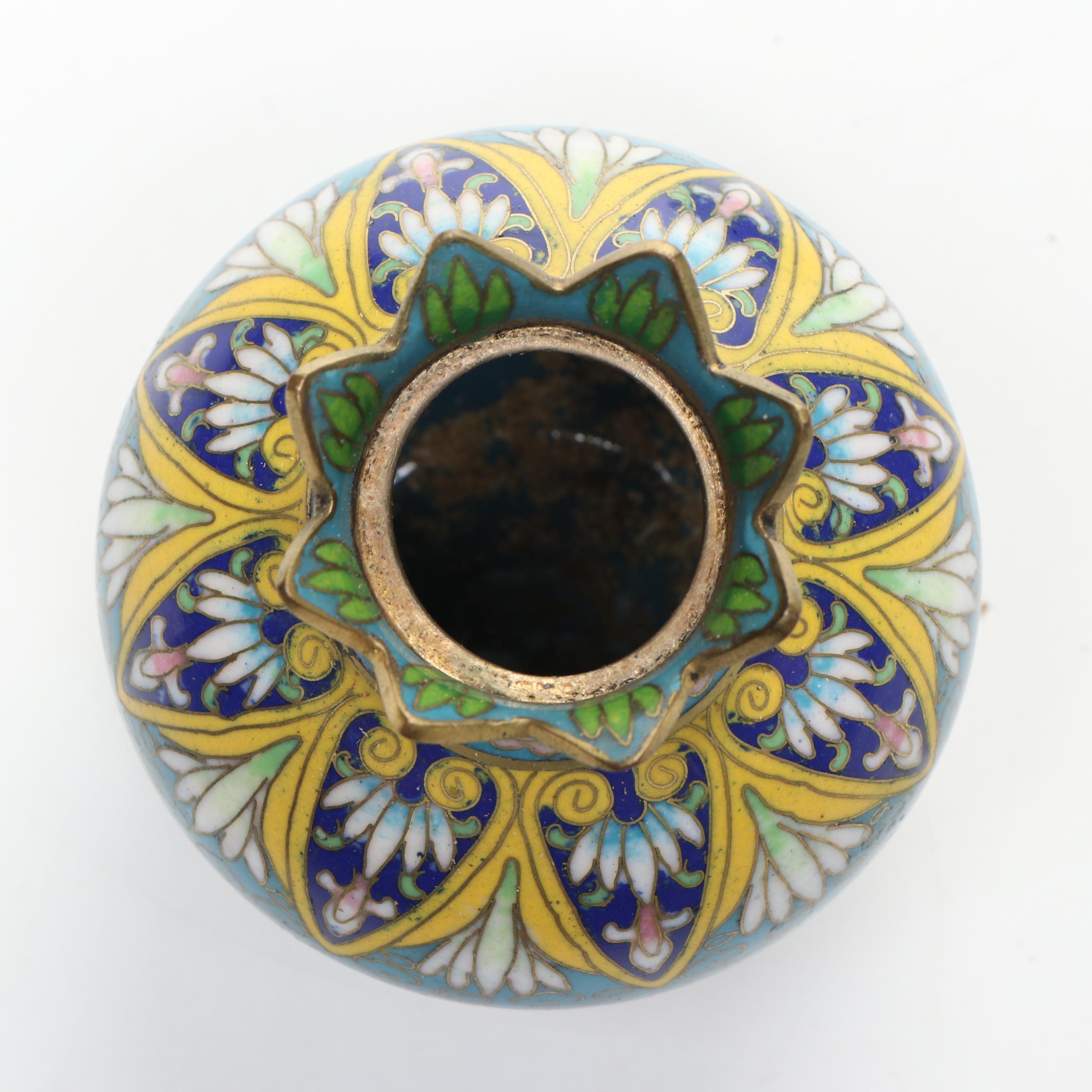 Chinese Blue Floral Cloisonné Vase and Lidded Vessels on Wood bases