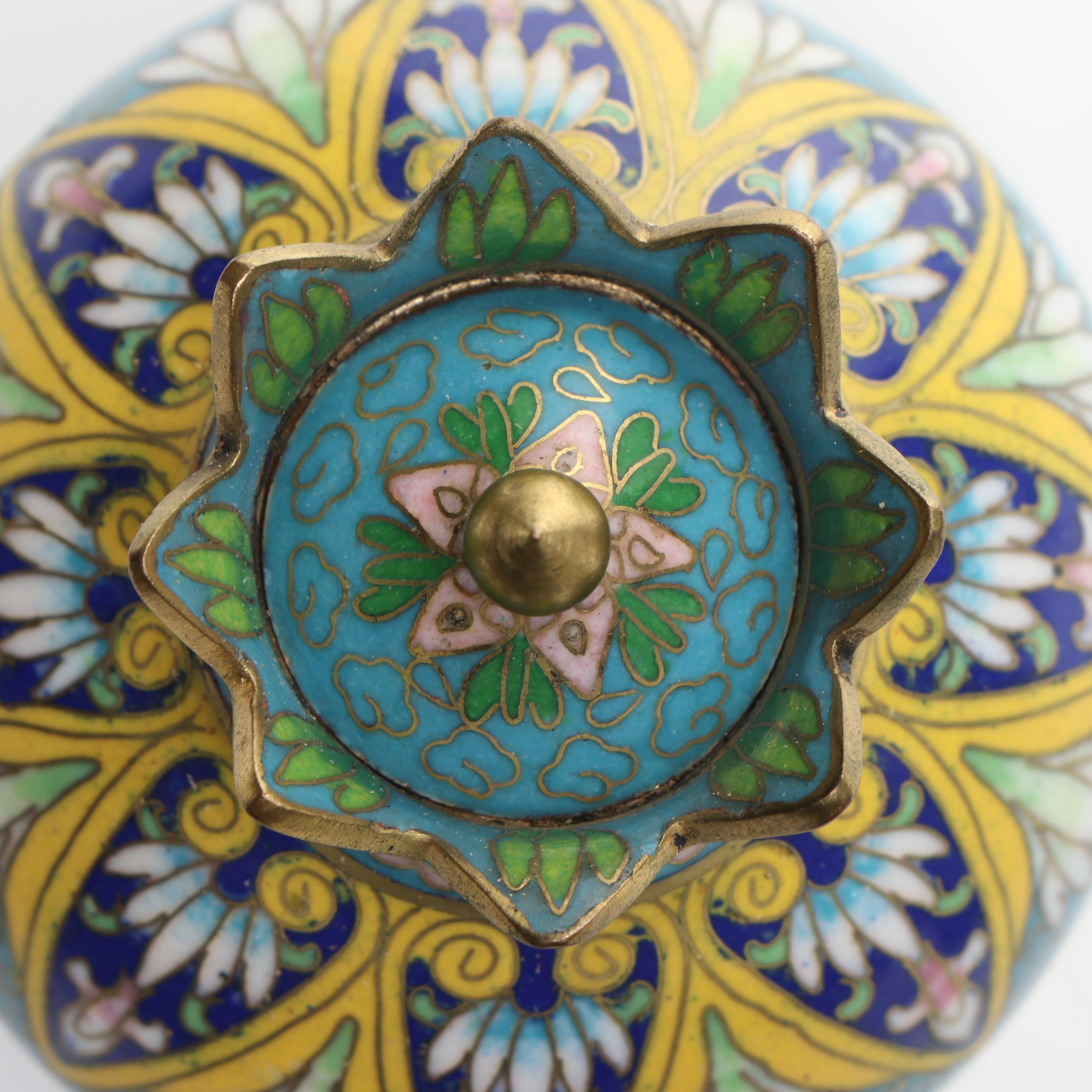 Chinese Blue Floral Cloisonné Vase and Lidded Vessels on Wood bases