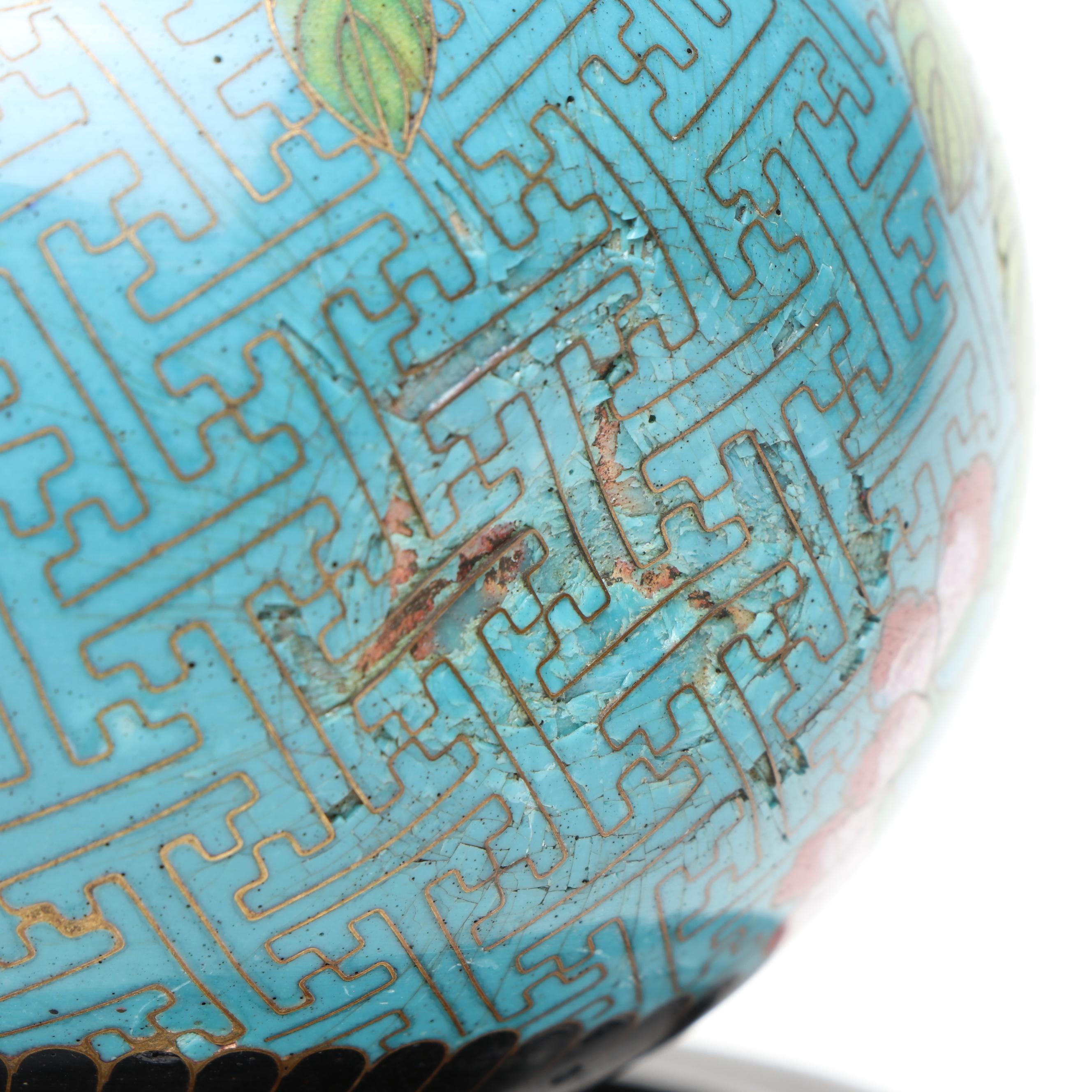 Chinese Blue Floral Cloisonné Vase and Lidded Vessels on Wood bases