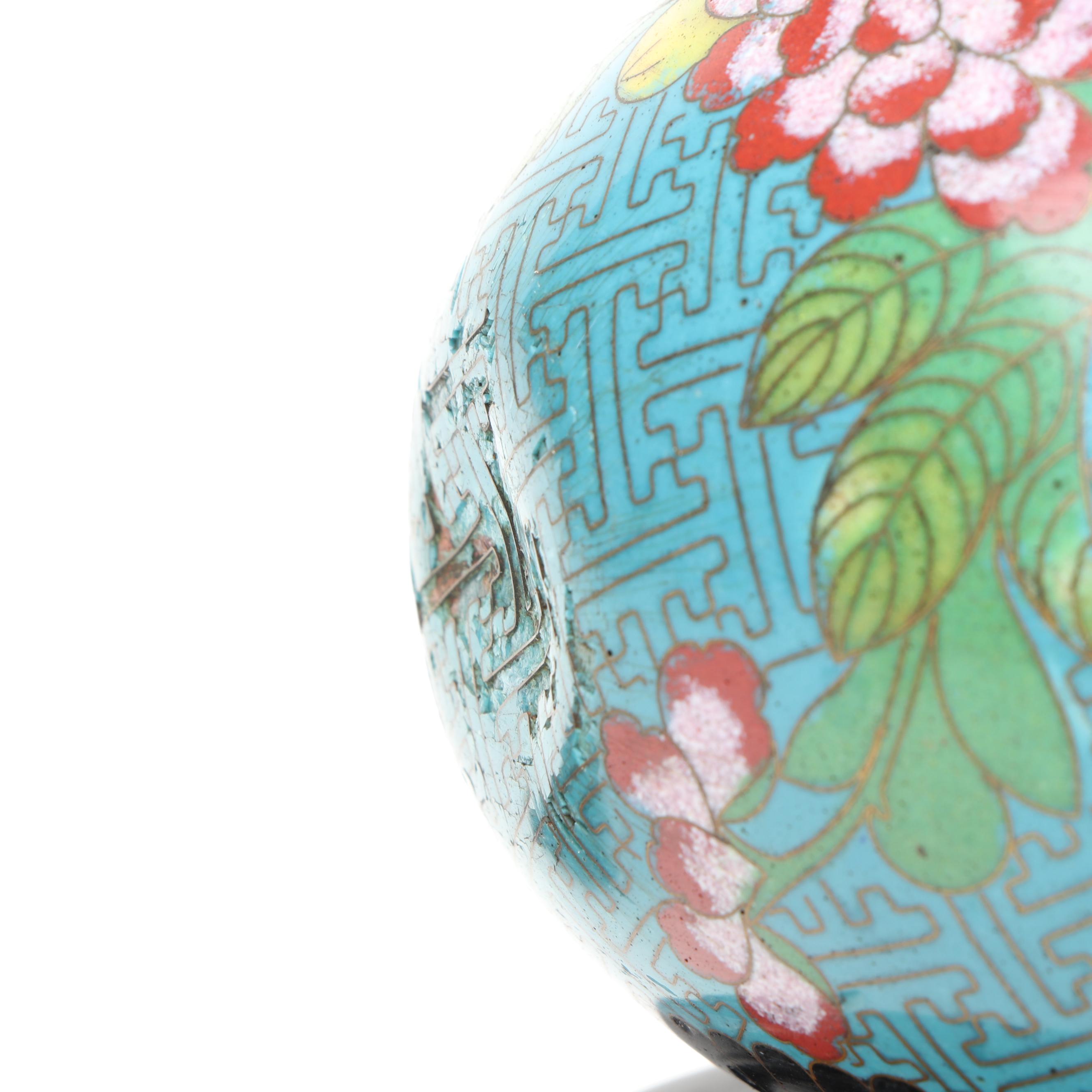 Chinese Blue Floral Cloisonné Vase and Lidded Vessels on Wood bases