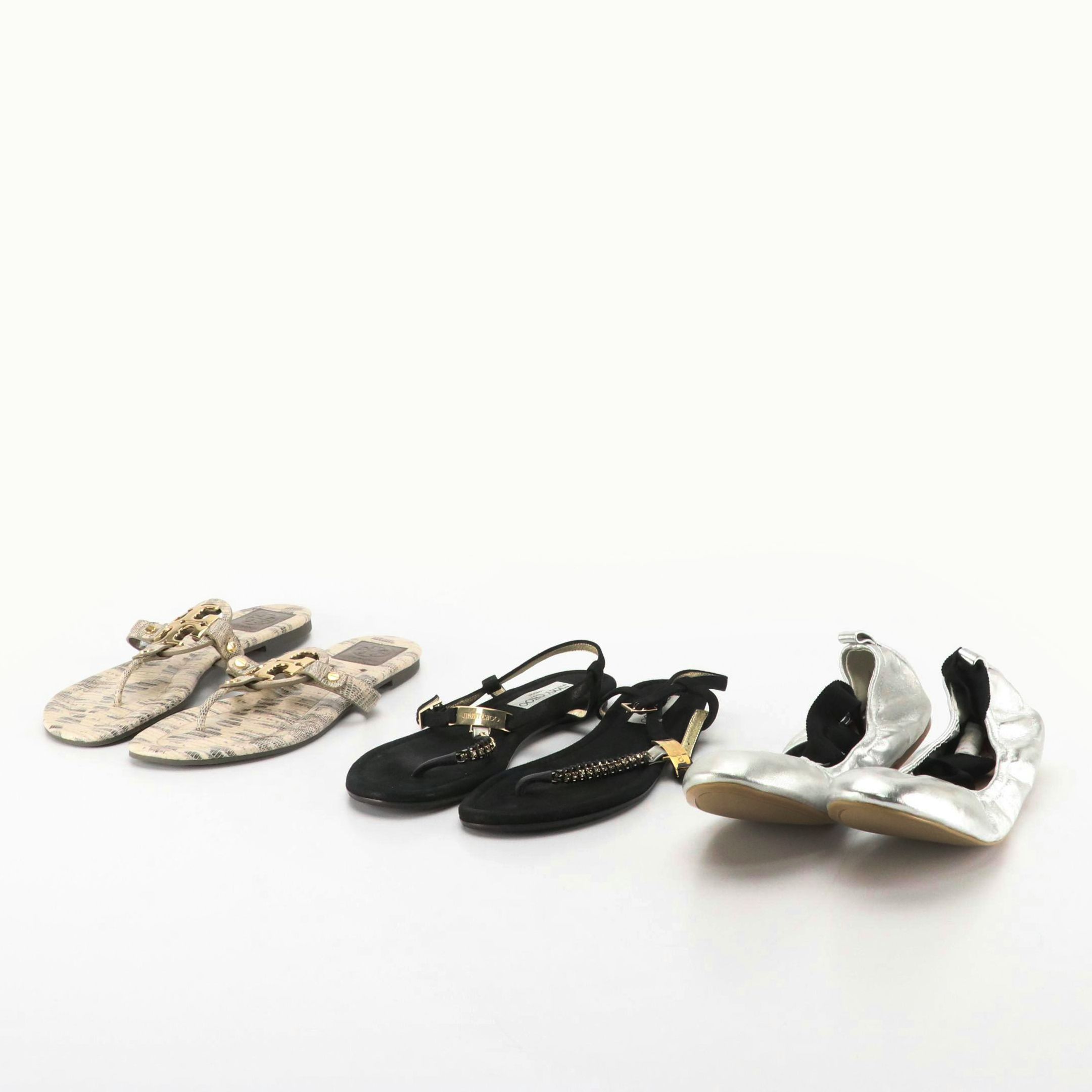 Jimmy Choo Embellished Sandals, Aldo Silver Ballet Flats, Tory Burch Sandals