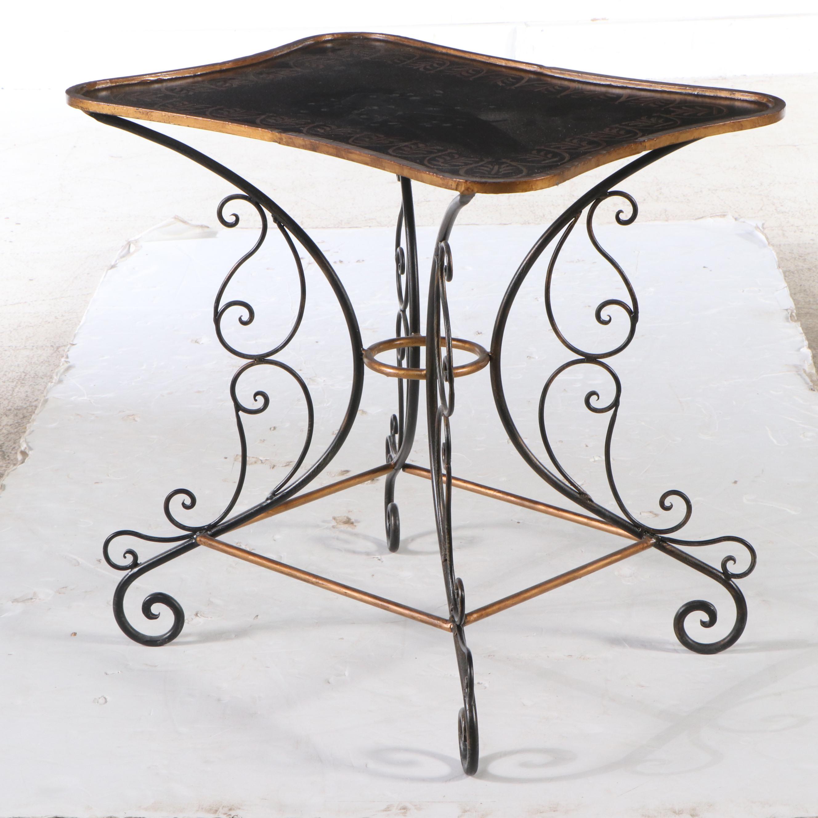 Pair of Italian Paint-Decorated Wood and Scrolled Metal End Tables, Late 20th C.