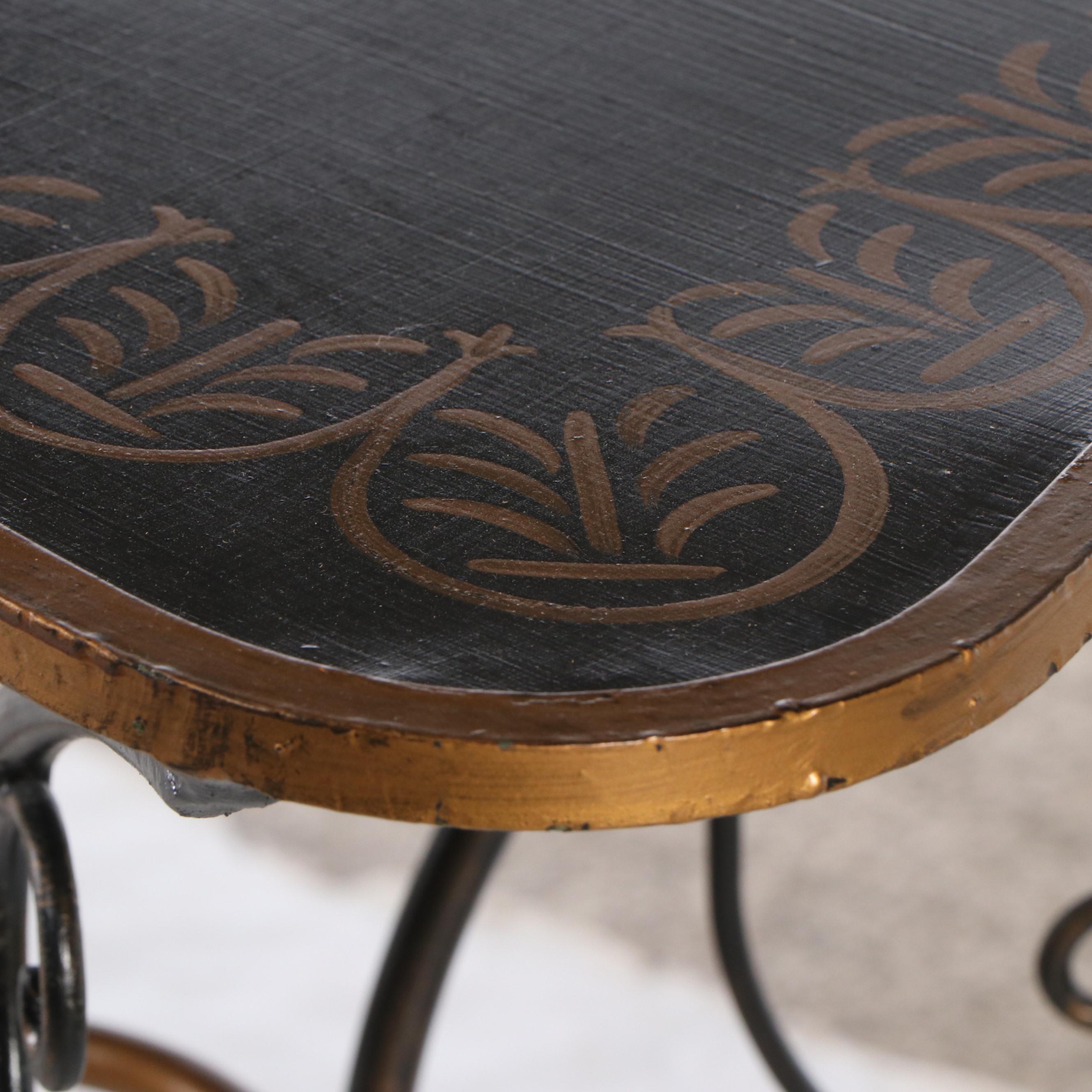 Pair of Italian Paint-Decorated Wood and Scrolled Metal End Tables, Late 20th C.