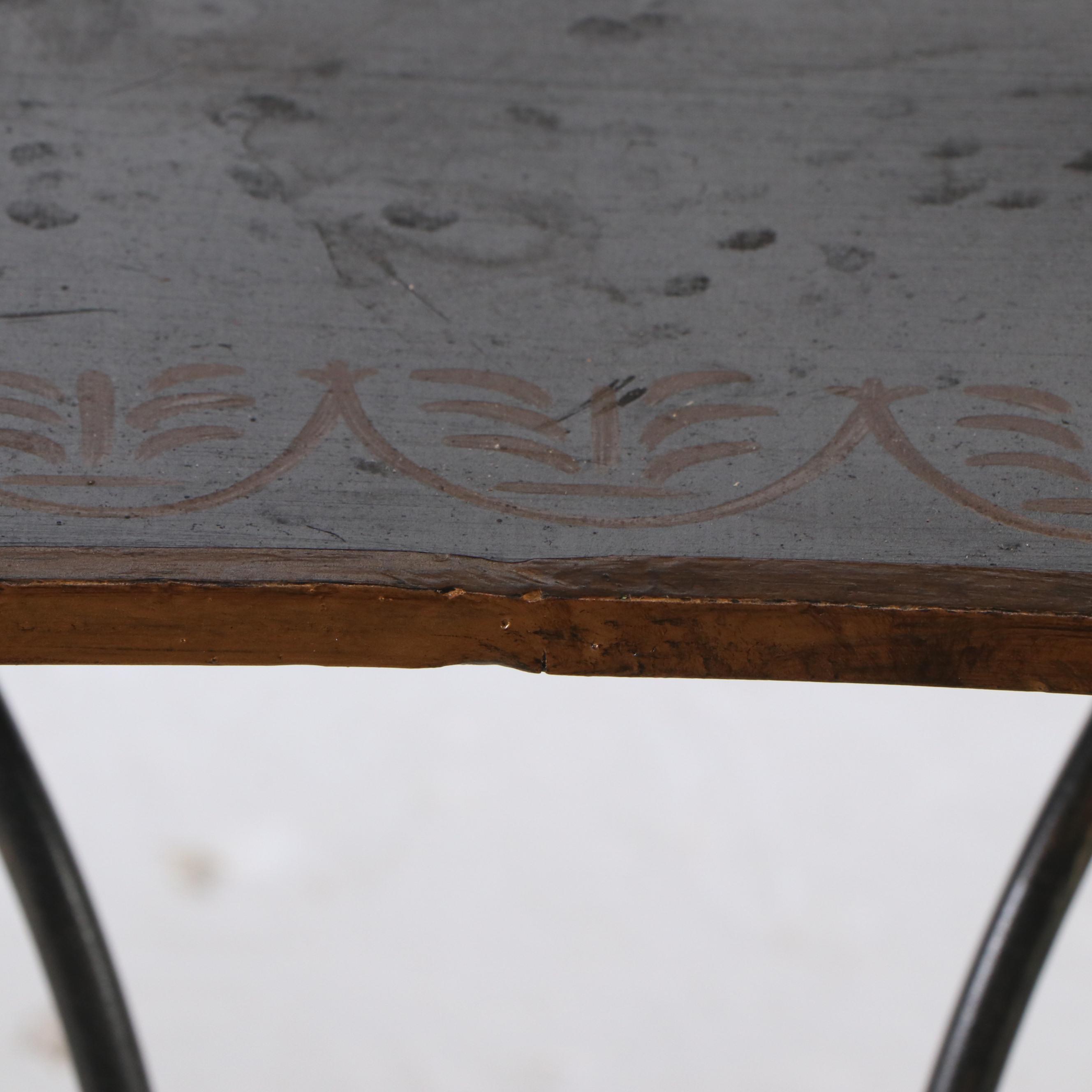 Pair of Italian Paint-Decorated Wood and Scrolled Metal End Tables, Late 20th C.