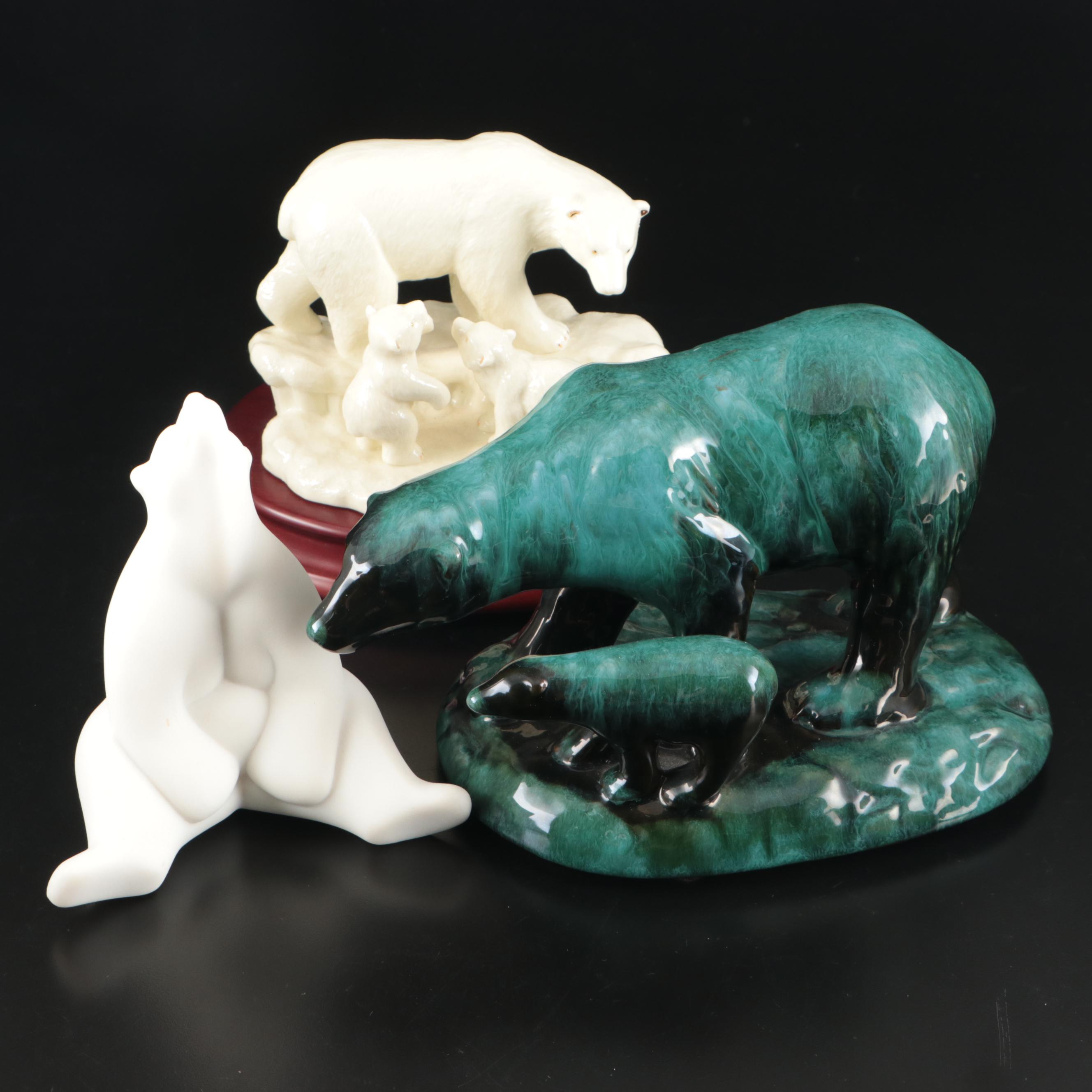 Ceramic Polar Bear and Cubs on Wood Base Music Box with Ceramic Bear Figures