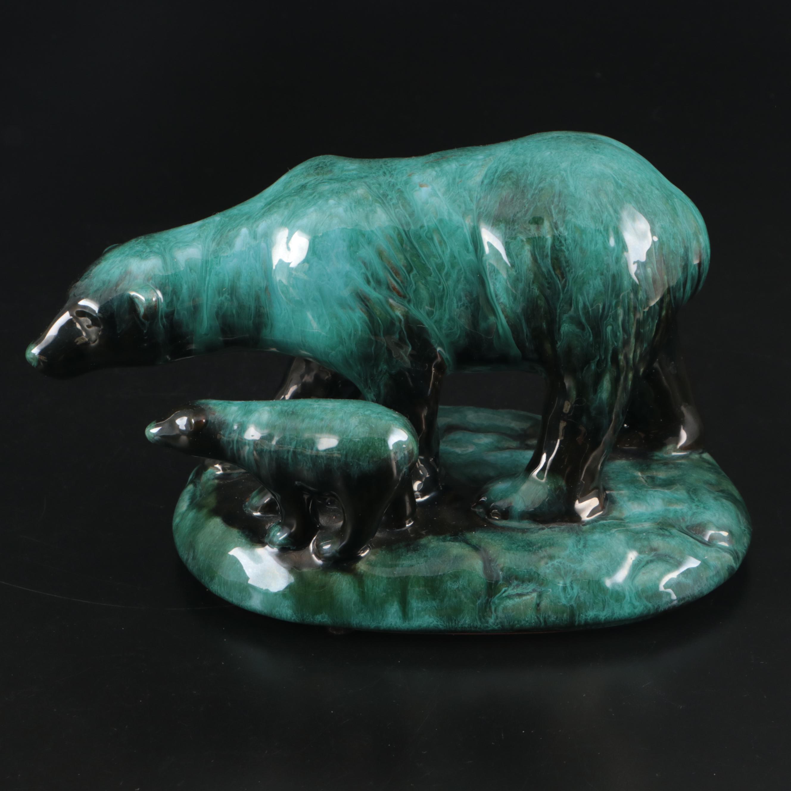 Ceramic Polar Bear and Cubs on Wood Base Music Box with Ceramic Bear Figures