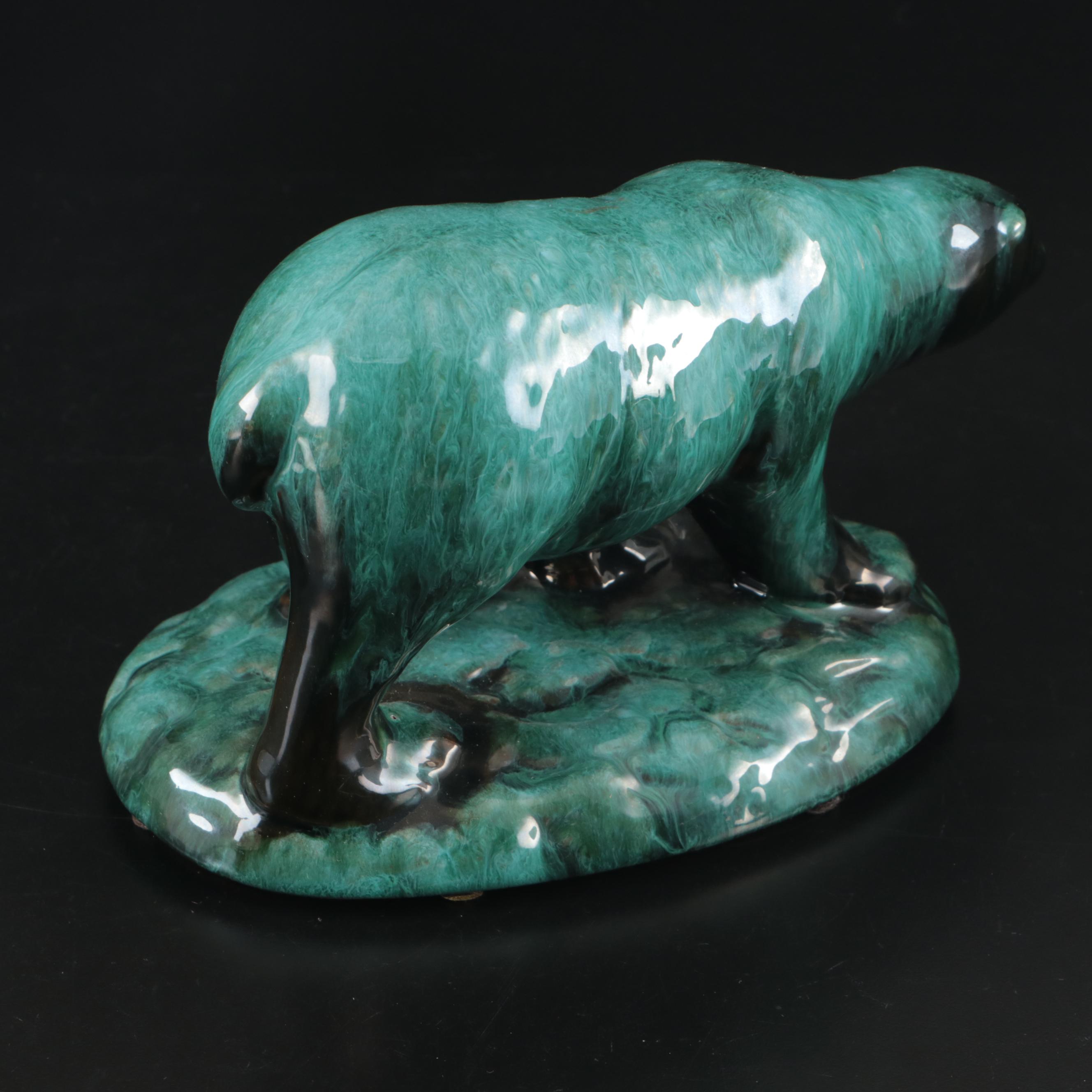 Ceramic Polar Bear and Cubs on Wood Base Music Box with Ceramic Bear Figures