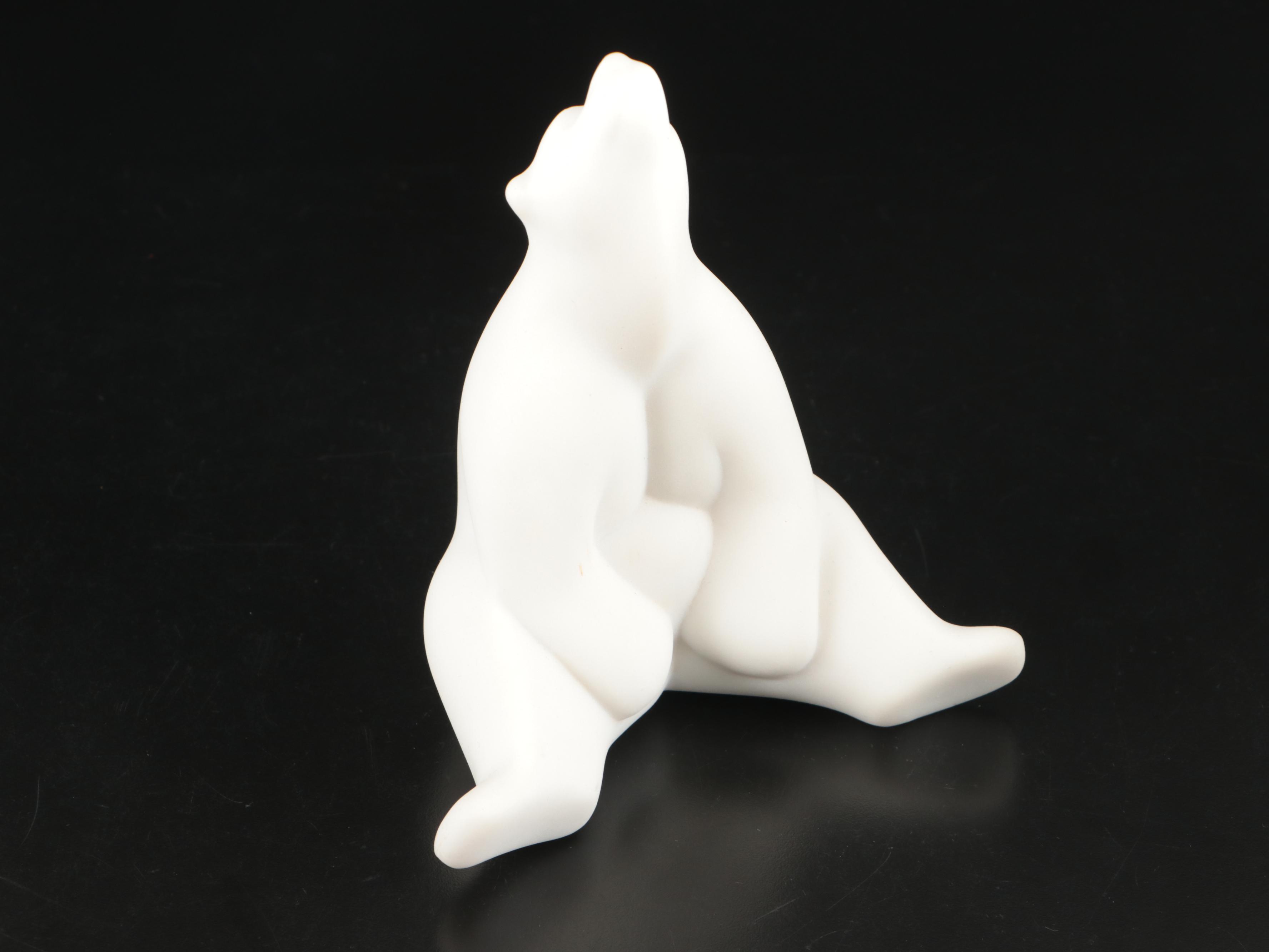 Ceramic Polar Bear and Cubs on Wood Base Music Box with Ceramic Bear Figures