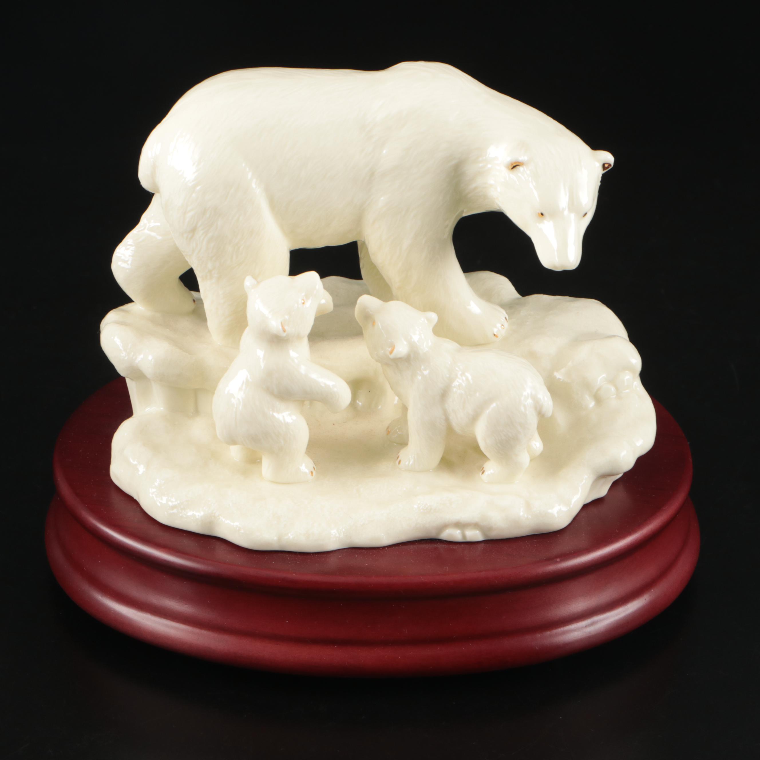 Ceramic Polar Bear and Cubs on Wood Base Music Box with Ceramic Bear Figures