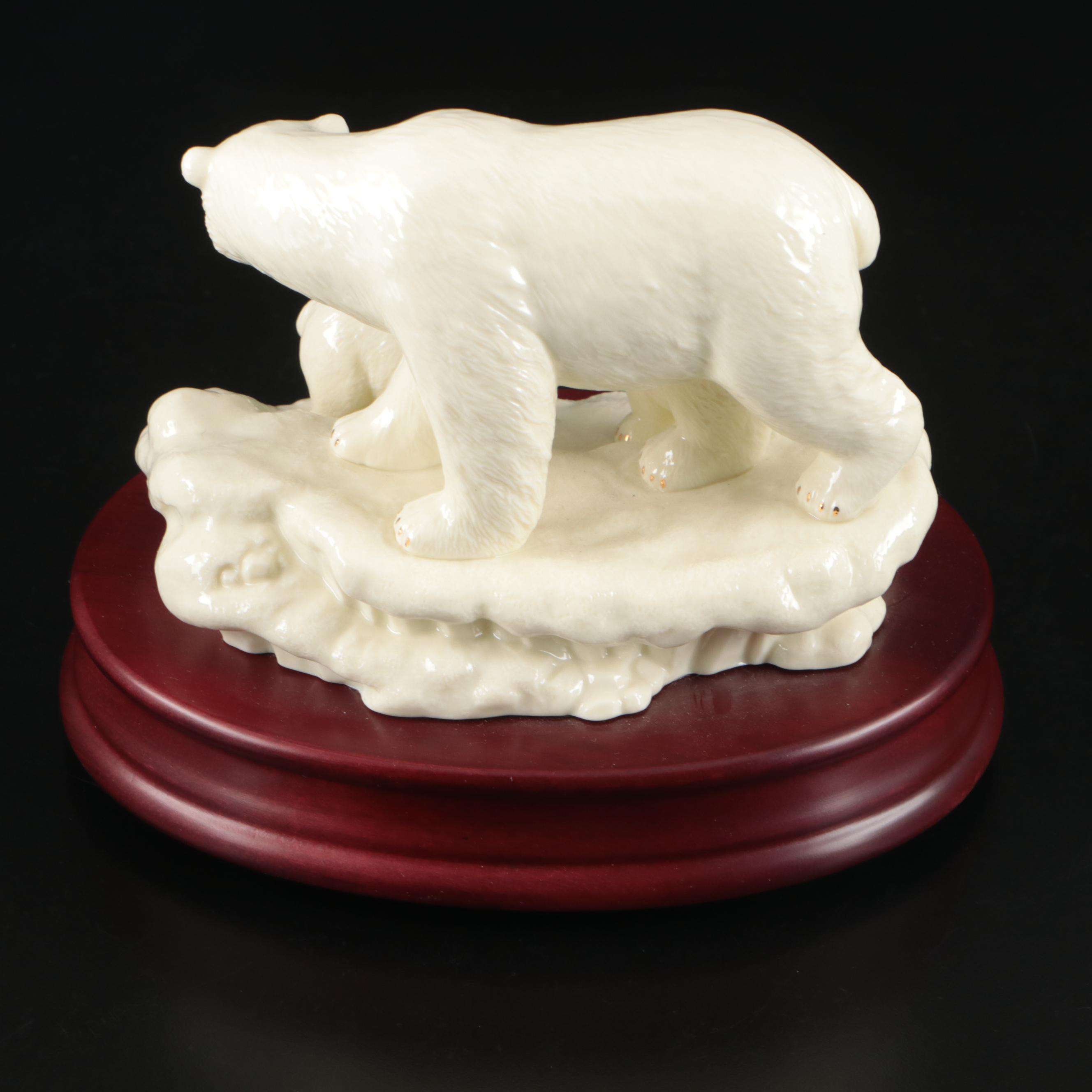 Ceramic Polar Bear and Cubs on Wood Base Music Box with Ceramic Bear Figures