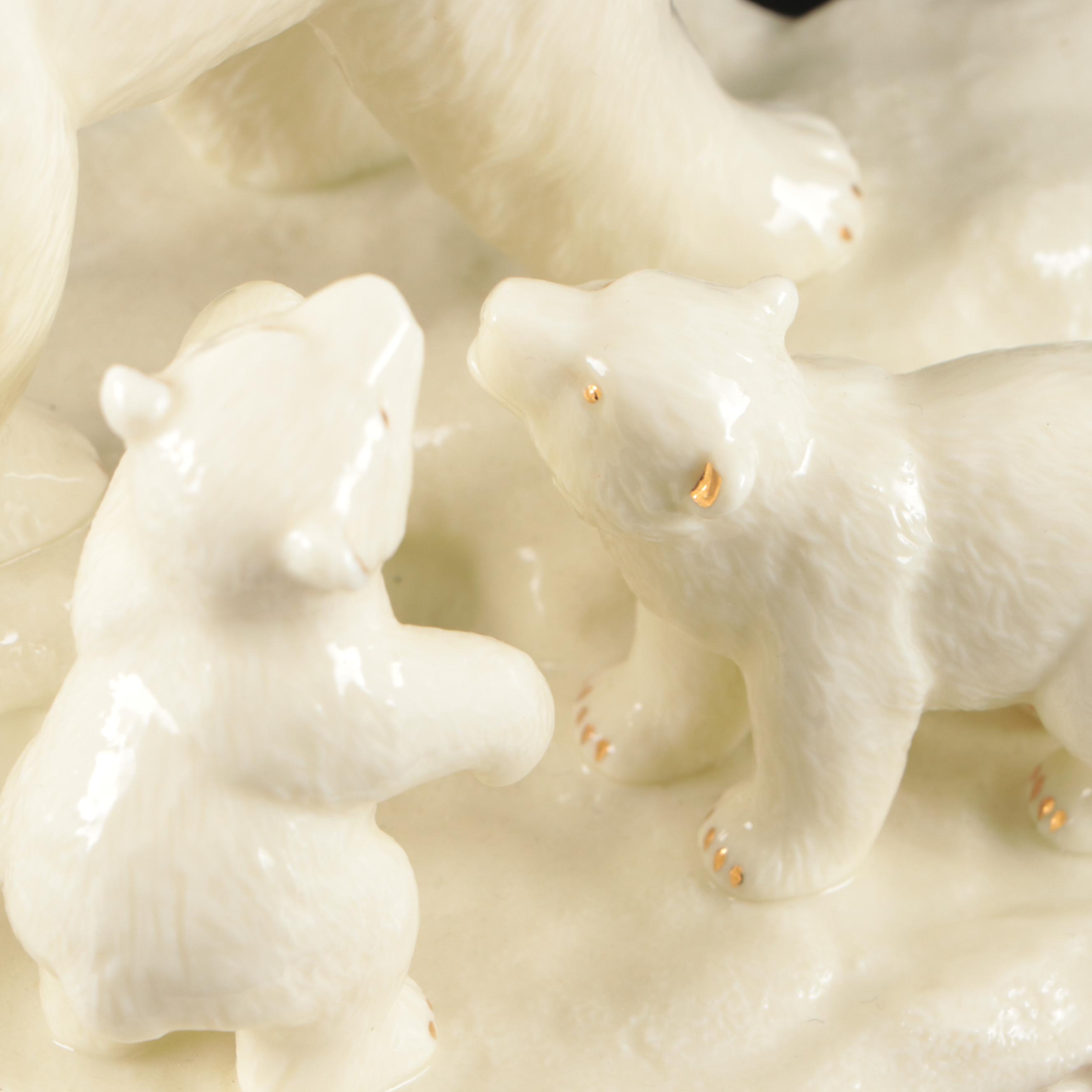 Ceramic Polar Bear and Cubs on Wood Base Music Box with Ceramic Bear Figures