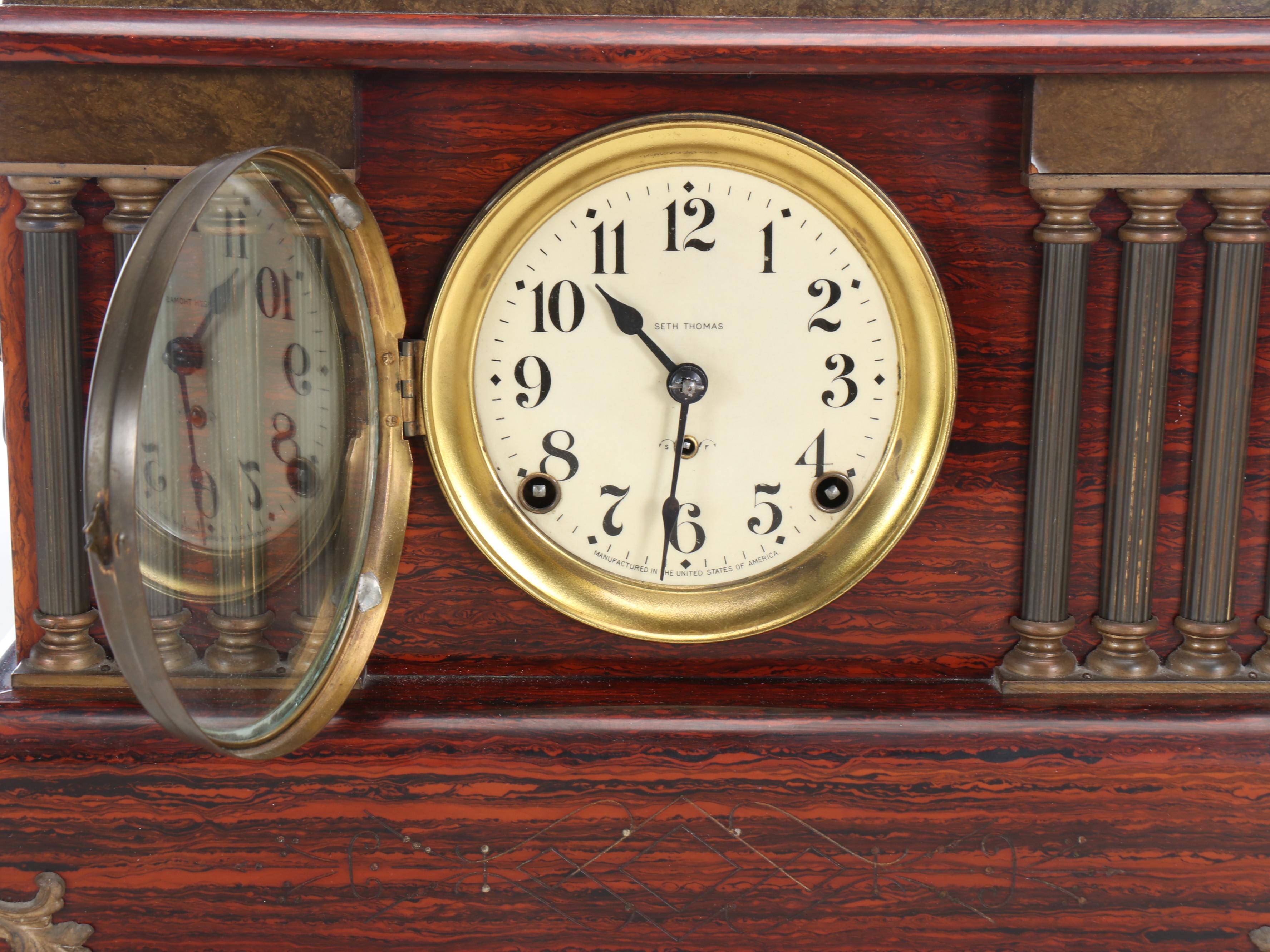 Seth Thomas Red Adamantine Veneer Column Mantel Clock, Late 19th/Early 20th C.
