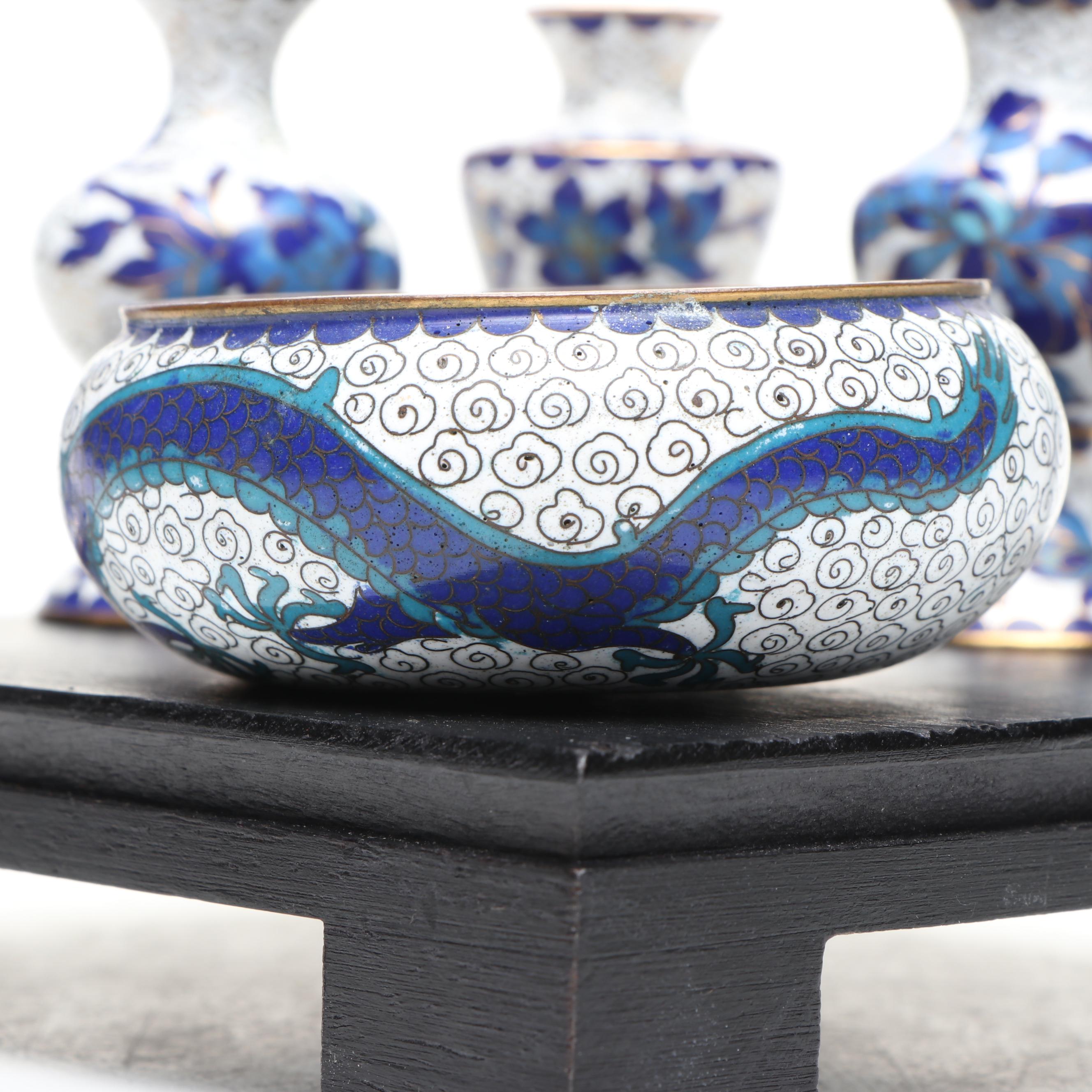 Chinese Blue and White Cloisonné Miniature Vases and Planter Bowl on Wood Base