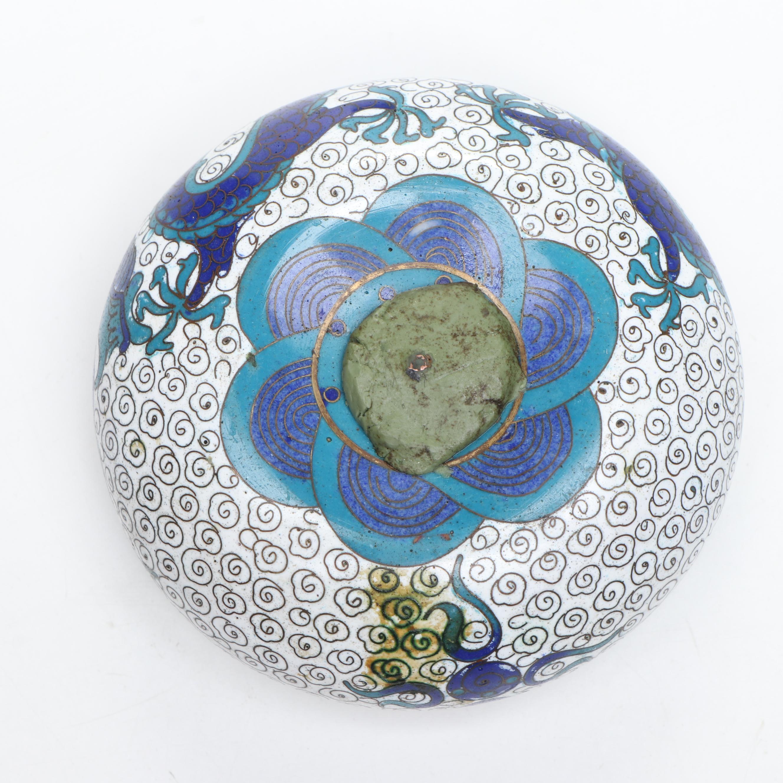 Chinese Blue and White Cloisonné Miniature Vases and Planter Bowl on Wood Base