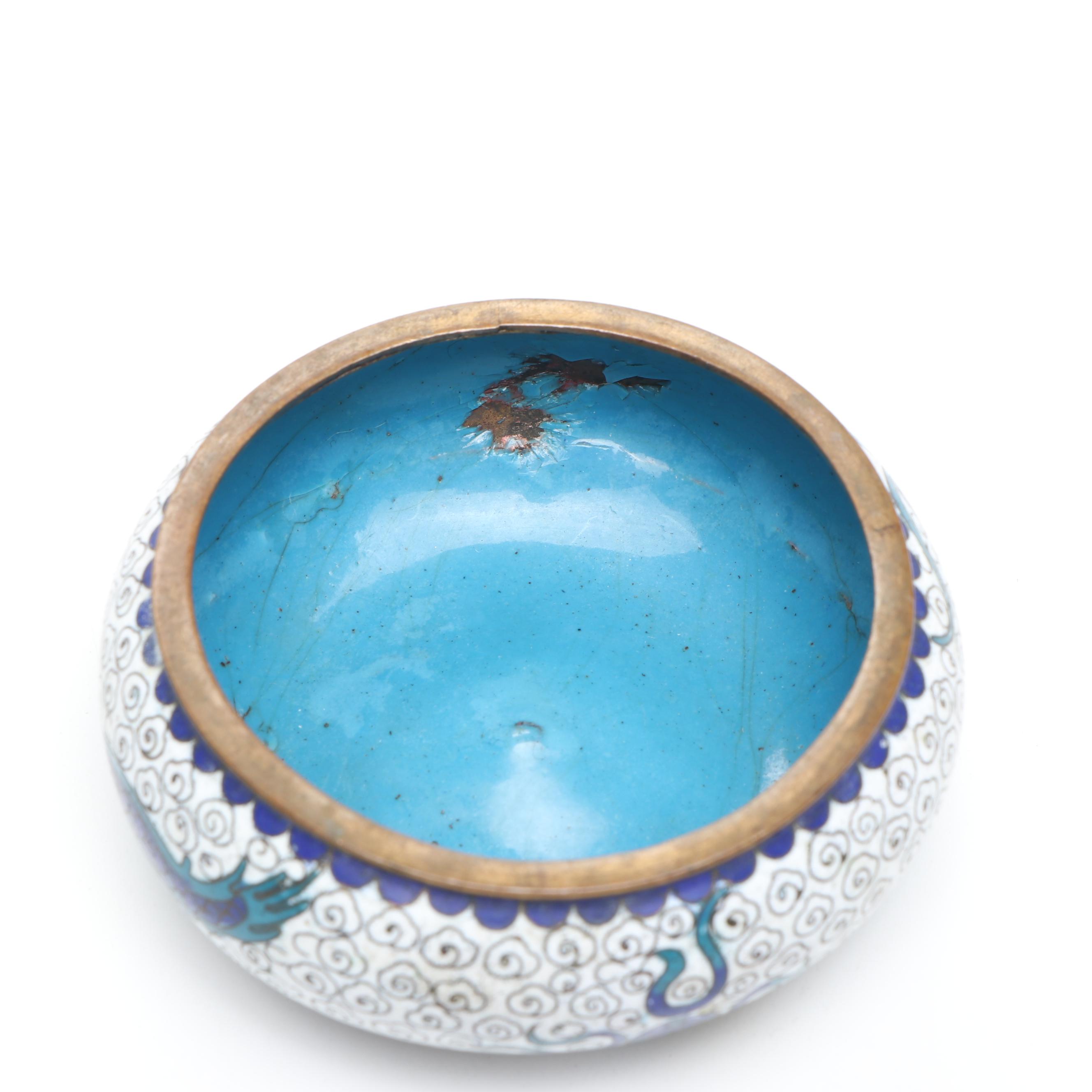 Chinese Blue and White Cloisonné Miniature Vases and Planter Bowl on Wood Base