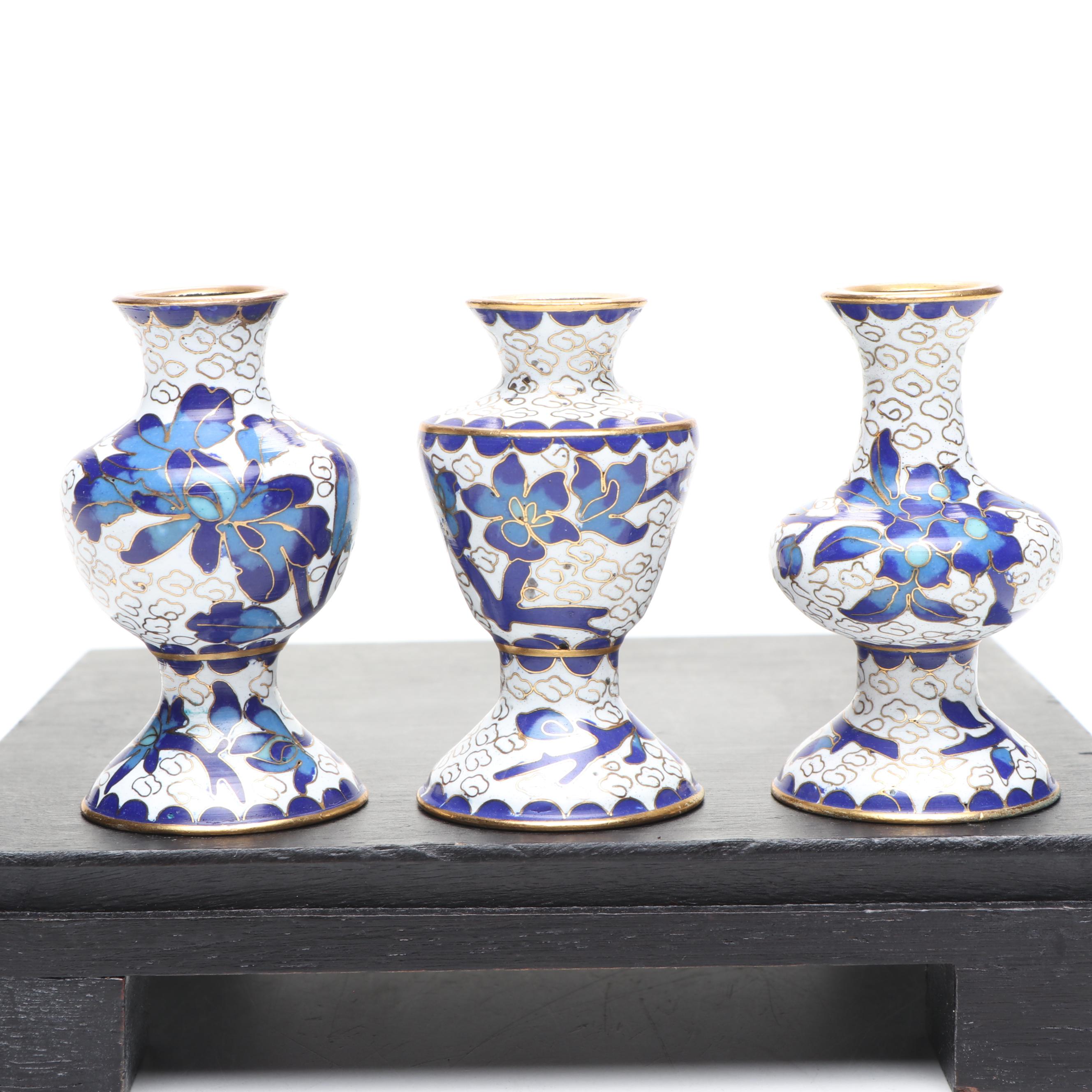Chinese Blue and White Cloisonné Miniature Vases and Planter Bowl on Wood Base