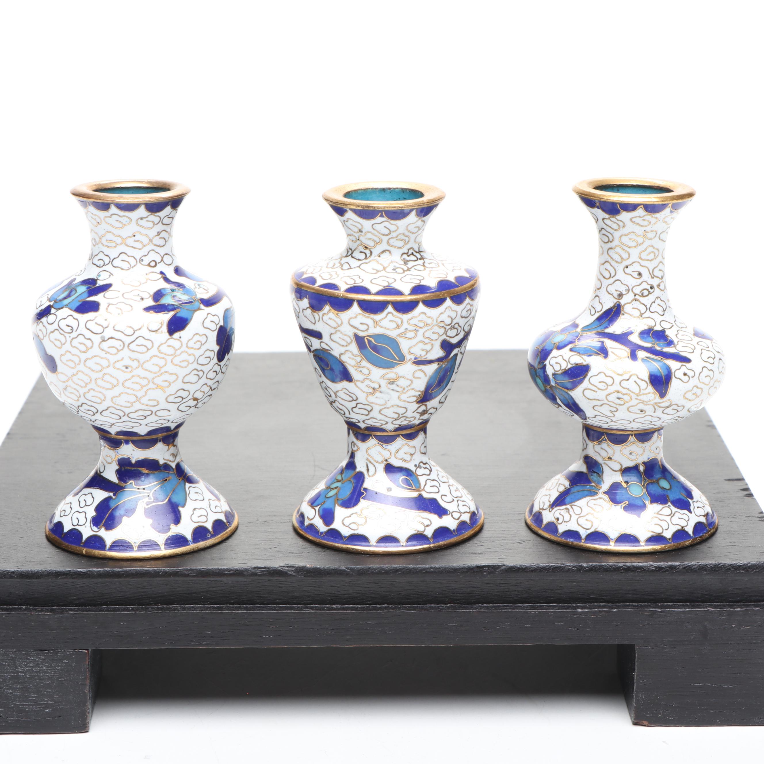 Chinese Blue and White Cloisonné Miniature Vases and Planter Bowl on Wood Base