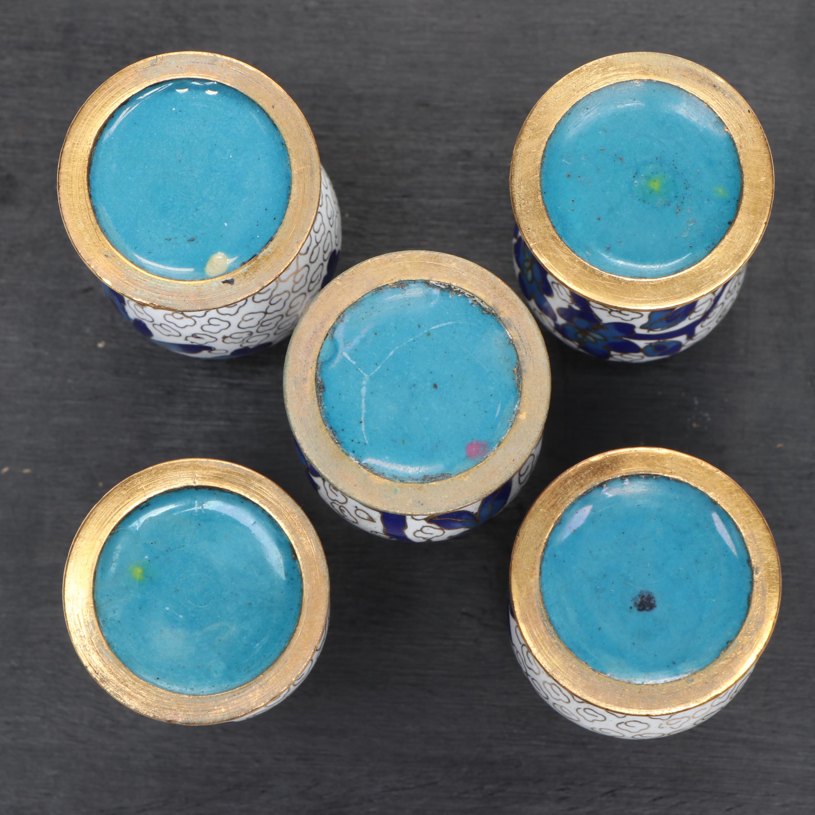 Chinese Blue and White Cloisonné Miniature Vases and Planter Bowl on Wood Base