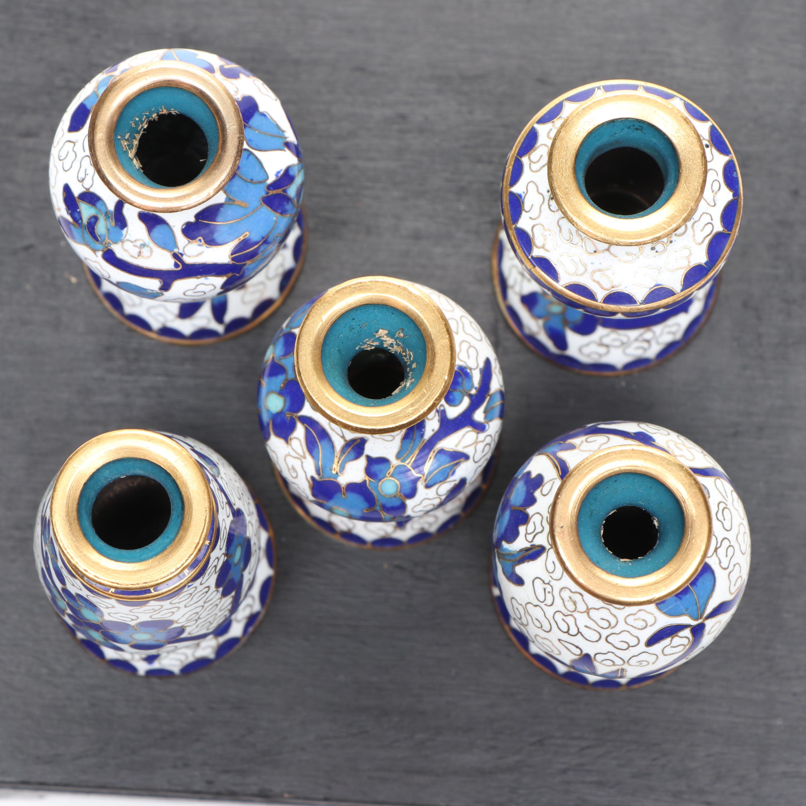 Chinese Blue and White Cloisonné Miniature Vases and Planter Bowl on Wood Base