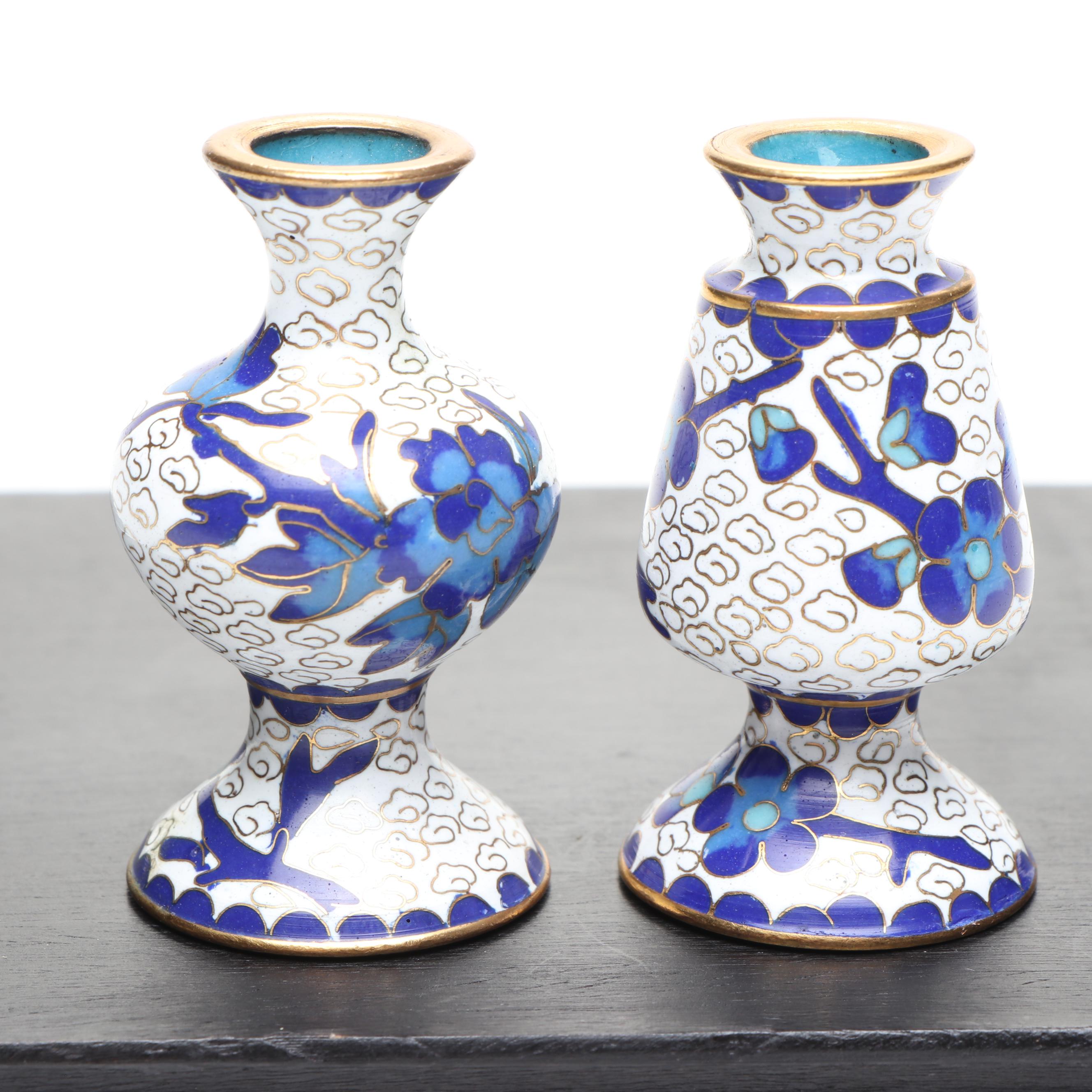 Chinese Blue and White Cloisonné Miniature Vases and Planter Bowl on Wood Base