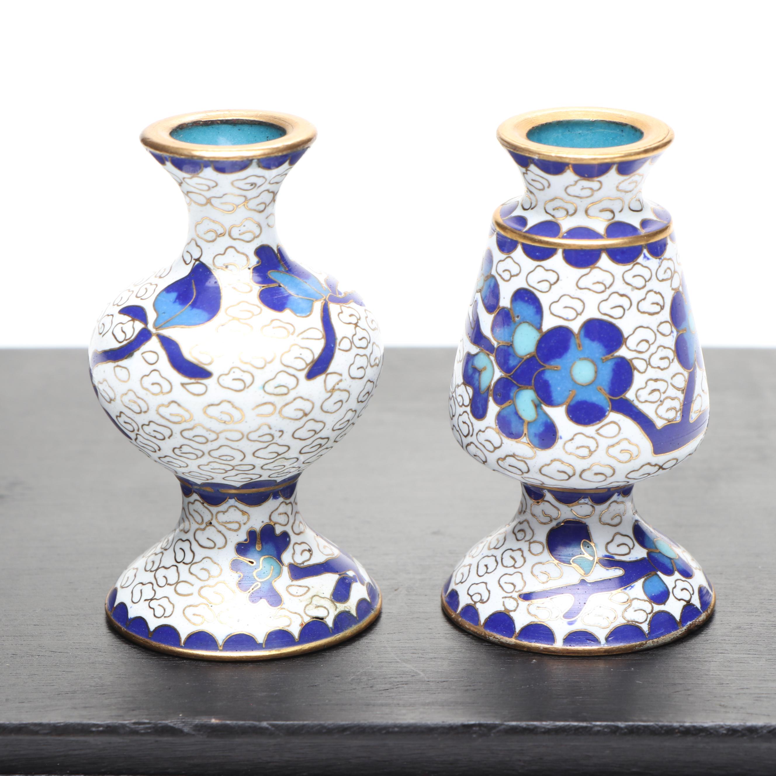 Chinese Blue and White Cloisonné Miniature Vases and Planter Bowl on Wood Base