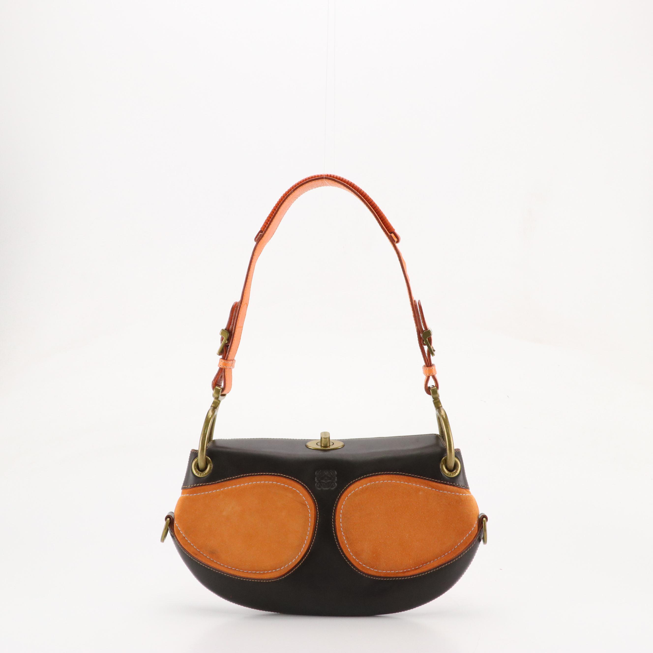 Loewe Turn-Lock Shoulder Bag in Dark Brown Calfskin, Orange Leather and Suede