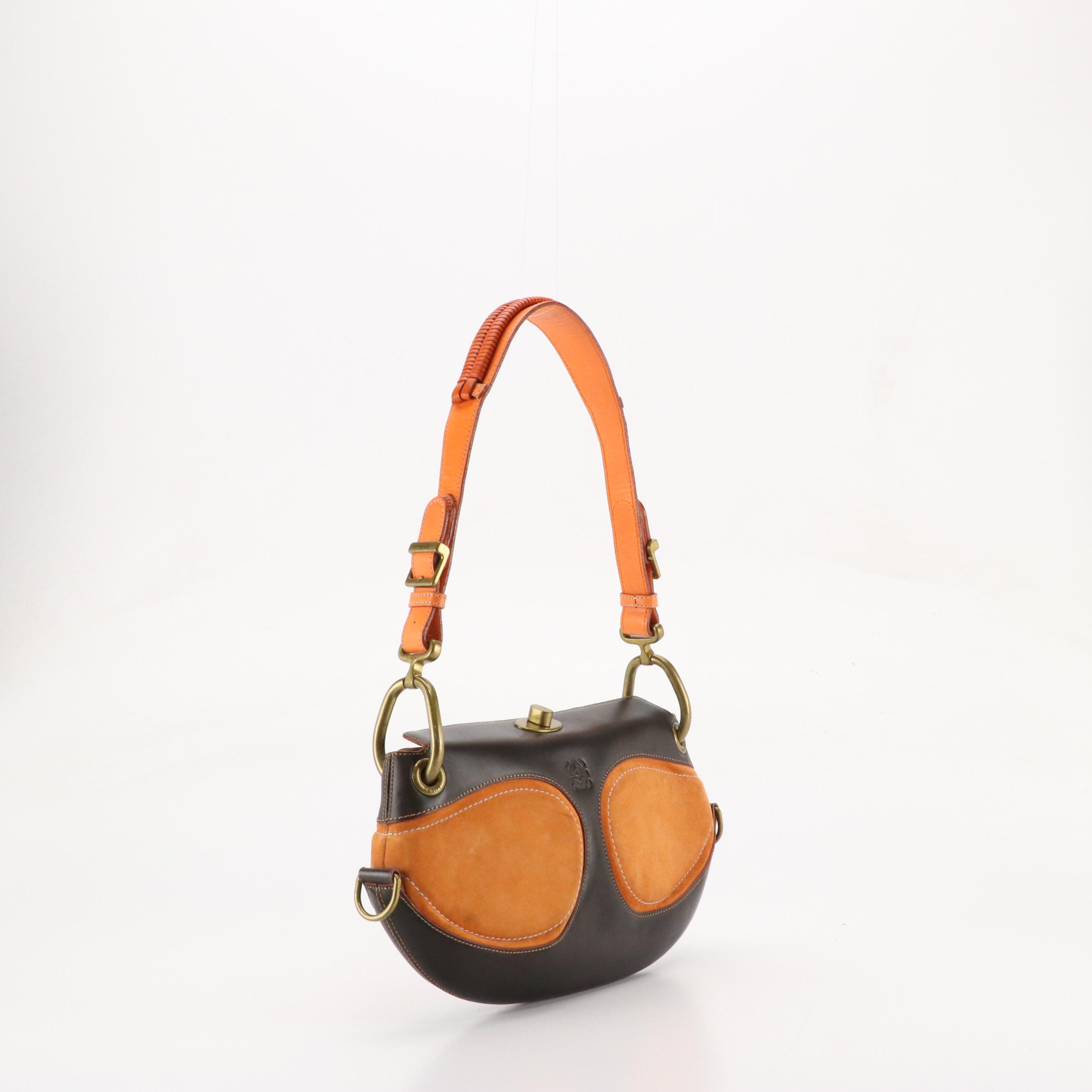 Loewe Turn-Lock Shoulder Bag in Dark Brown Calfskin, Orange Leather and Suede